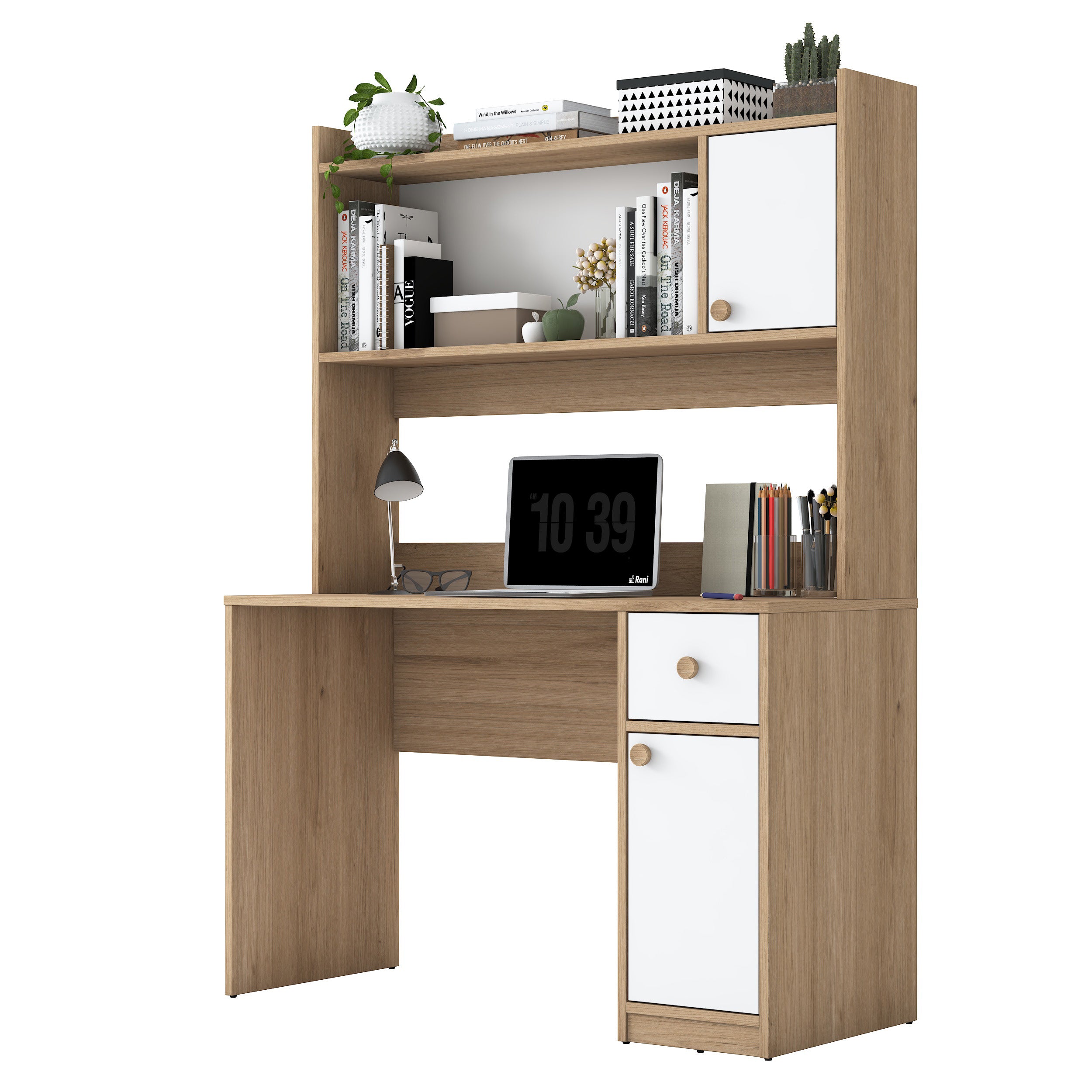 Rani HA127 kitaplıklı, raflı, 2 kapaklı ve 1 çekmeceli çalışma masası – sepet ceviz & beyaz renk, 120x50x166 cm ölçülerinde, ev ve ofis kullanımı için modern tasarımlı bilgisayar masası.