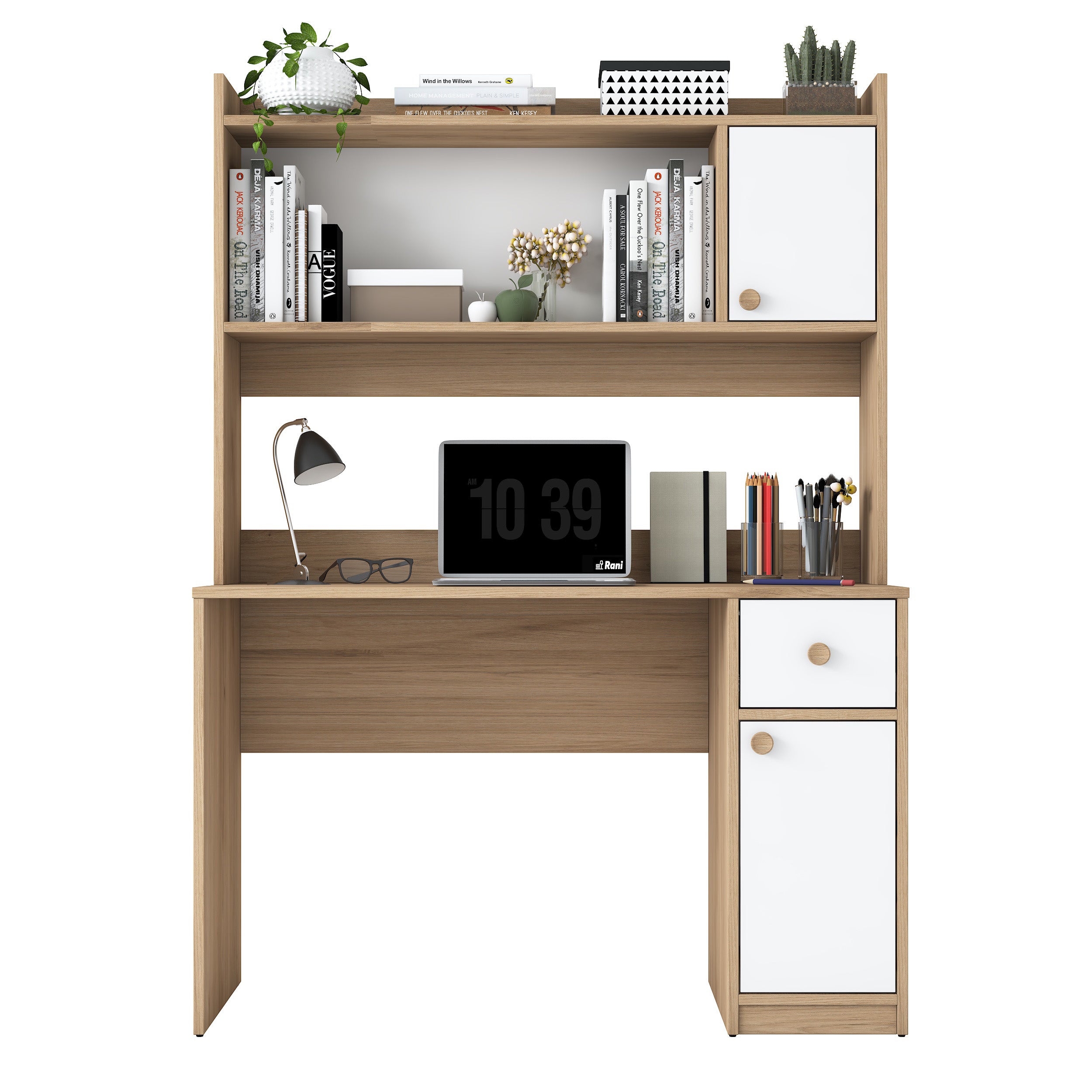 Rani HA127 kitaplıklı, raflı, 2 kapaklı ve 1 çekmeceli çalışma masası – sepet ceviz & beyaz renk, 120x50x166 cm ölçülerinde, ev ve ofis kullanımı için modern tasarımlı bilgisayar masası.
