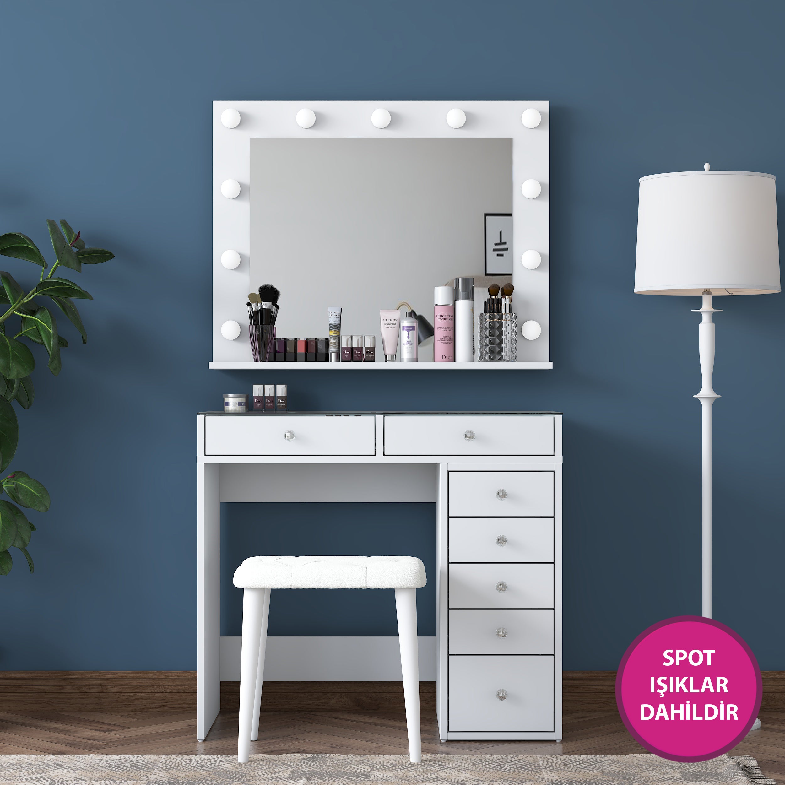 Rani BJ160 Hollywood Işıklı Aynalı Kulis Makyaj Masası Cam Tablalı 7 Çekmeceli Takı Düzenleyici Puf Takım Beyaz