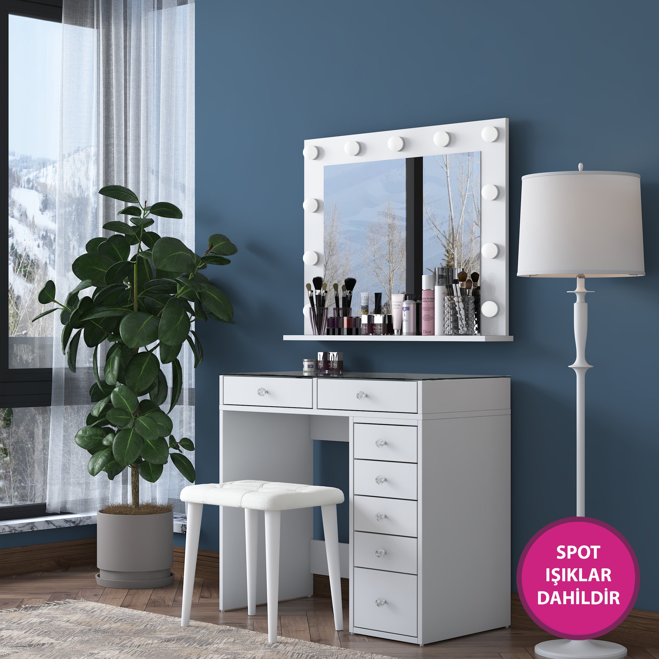 Rani BJ160 Hollywood Işıklı Aynalı Kulis Makyaj Masası Cam Tablalı 7 Çekmeceli Takı Düzenleyici Puf Takım Beyaz