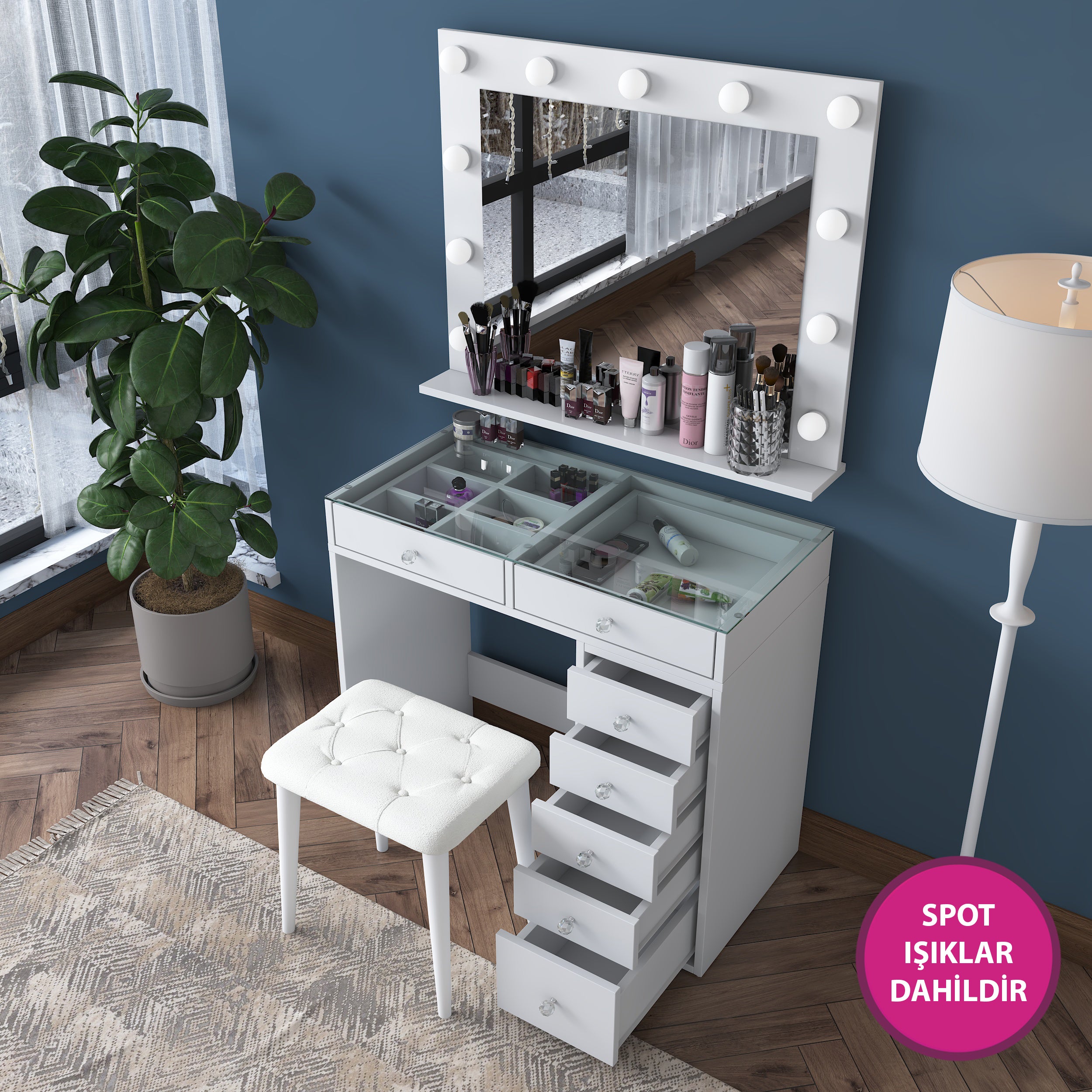 Rani BJ160 Hollywood Işıklı Aynalı Kulis Makyaj Masası Cam Tablalı 7 Çekmeceli Takı Düzenleyici Puf Takım Beyaz