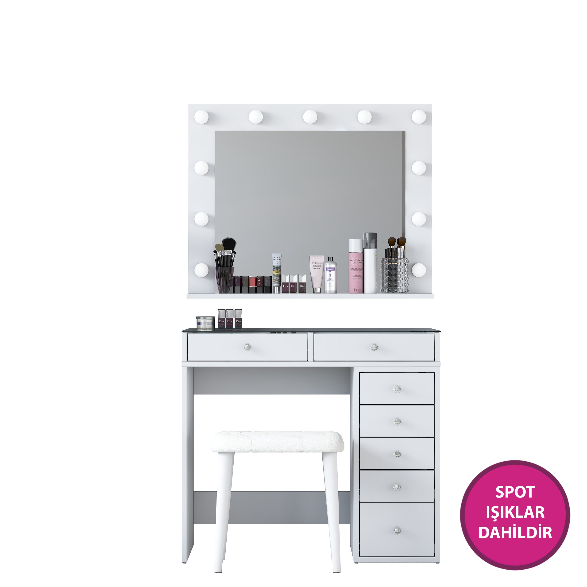 Rani BJ160 Hollywood Işıklı Aynalı Kulis Makyaj Masası Cam Tablalı 7 Çekmeceli Takı Düzenleyici Puf Takım Beyaz