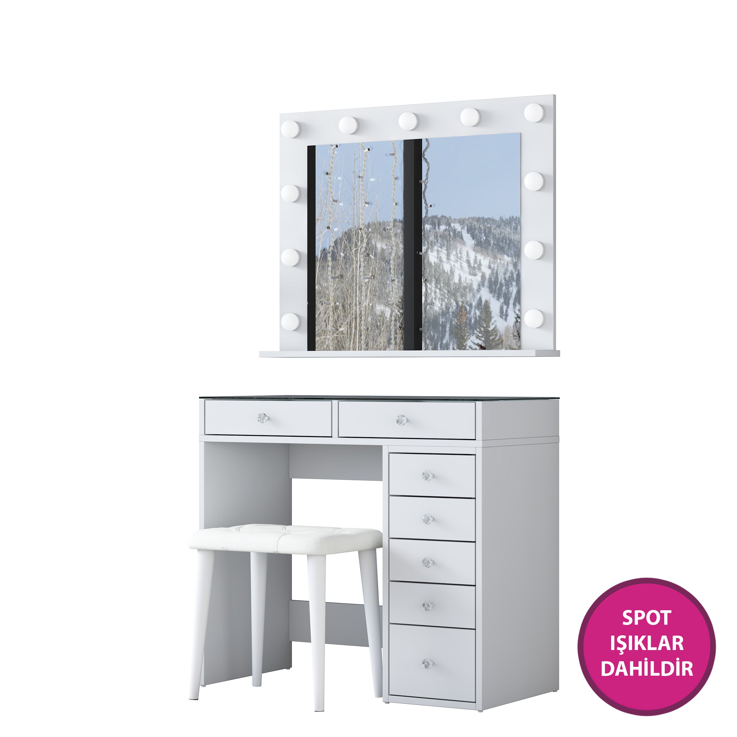 Rani BJ160 Hollywood Işıklı Aynalı Kulis Makyaj Masası Cam Tablalı 7 Çekmeceli Takı Düzenleyici Puf Takım Beyaz