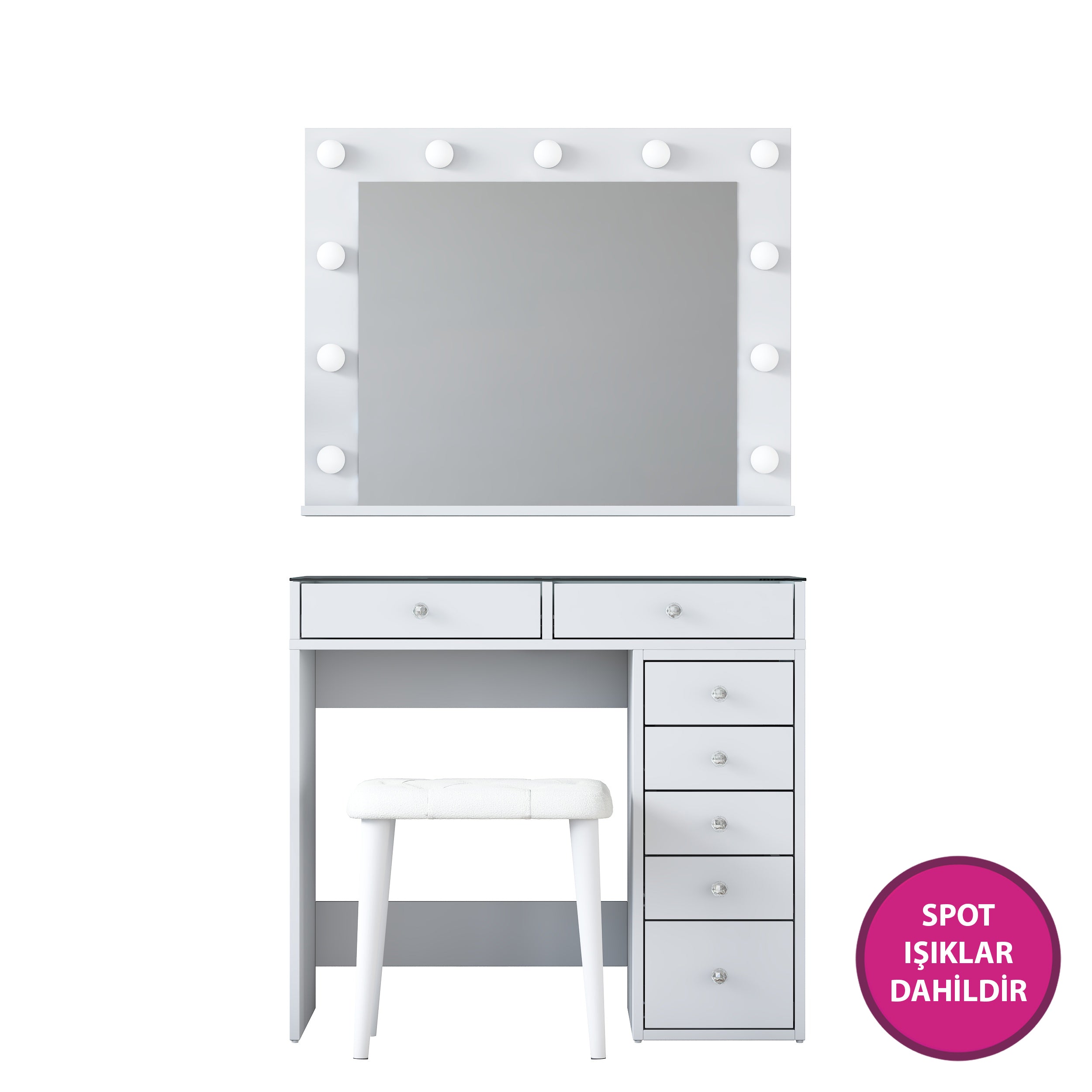 Rani BJ160 Hollywood Işıklı Aynalı Kulis Makyaj Masası Cam Tablalı 7 Çekmeceli Takı Düzenleyici Puf Takım Beyaz