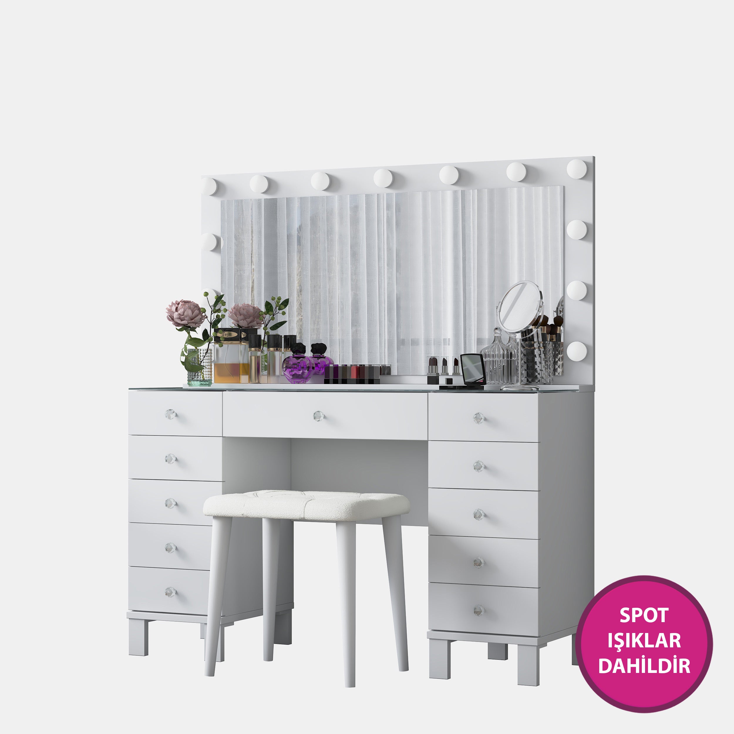 Rani BJ163 Hollywood Işıklı Aynalı Kulis Makyaj Masası Cam Tablalı 11 Çekmeceli Takı Düzenleyici Puf Takım Beyaz