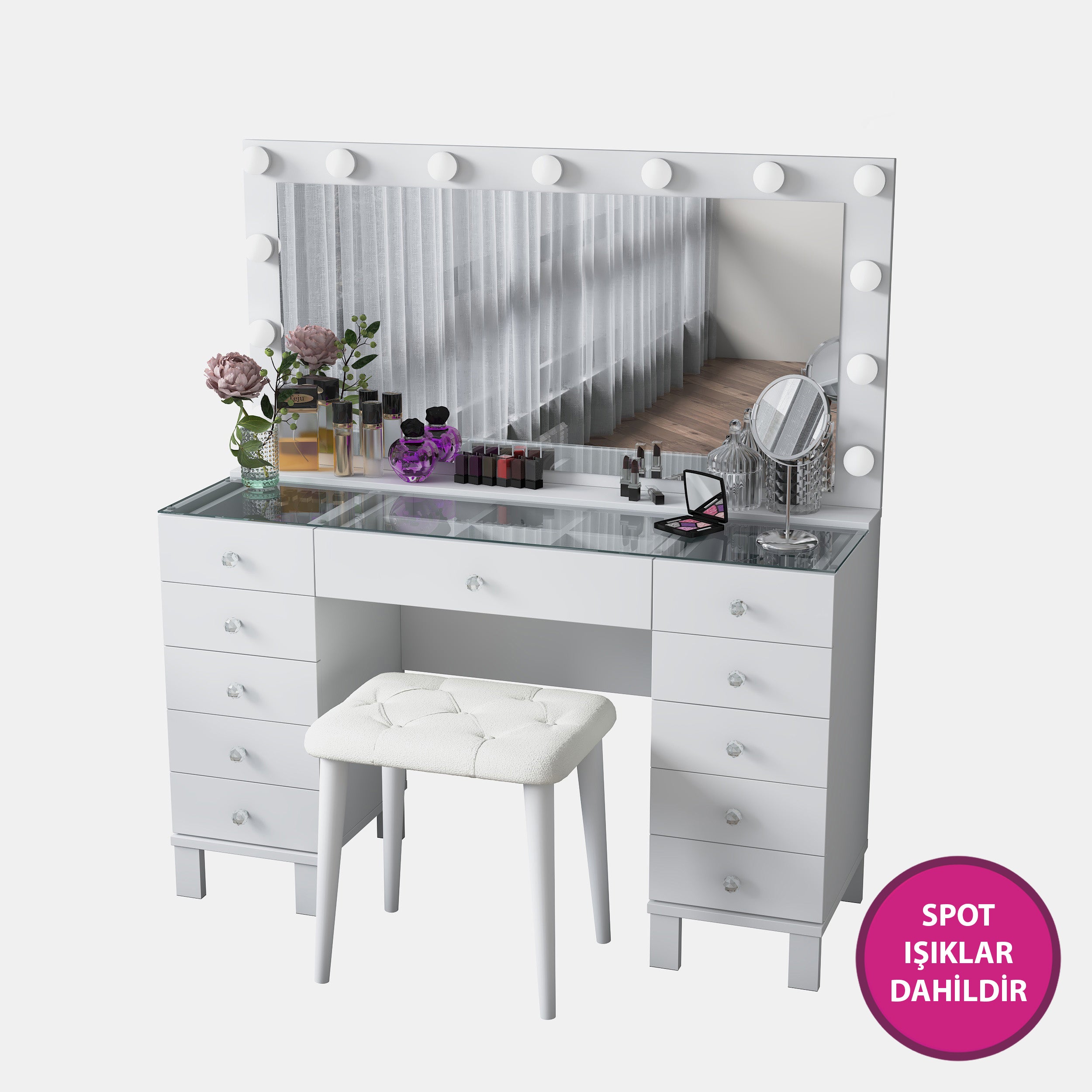 Rani BJ163 Hollywood Işıklı Aynalı Kulis Makyaj Masası Cam Tablalı 11 Çekmeceli Takı Düzenleyici Puf Takım Beyaz