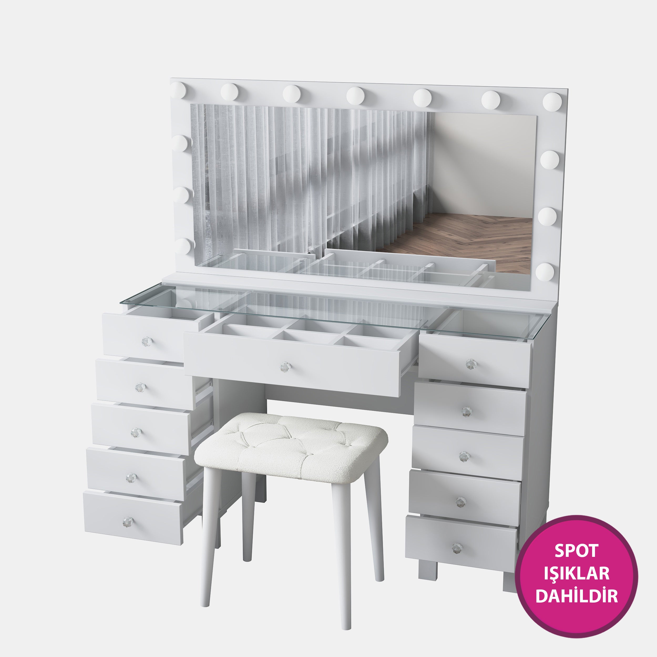Rani BJ163 Hollywood Işıklı Aynalı Kulis Makyaj Masası Cam Tablalı 11 Çekmeceli Takı Düzenleyici Puf Takım Beyaz