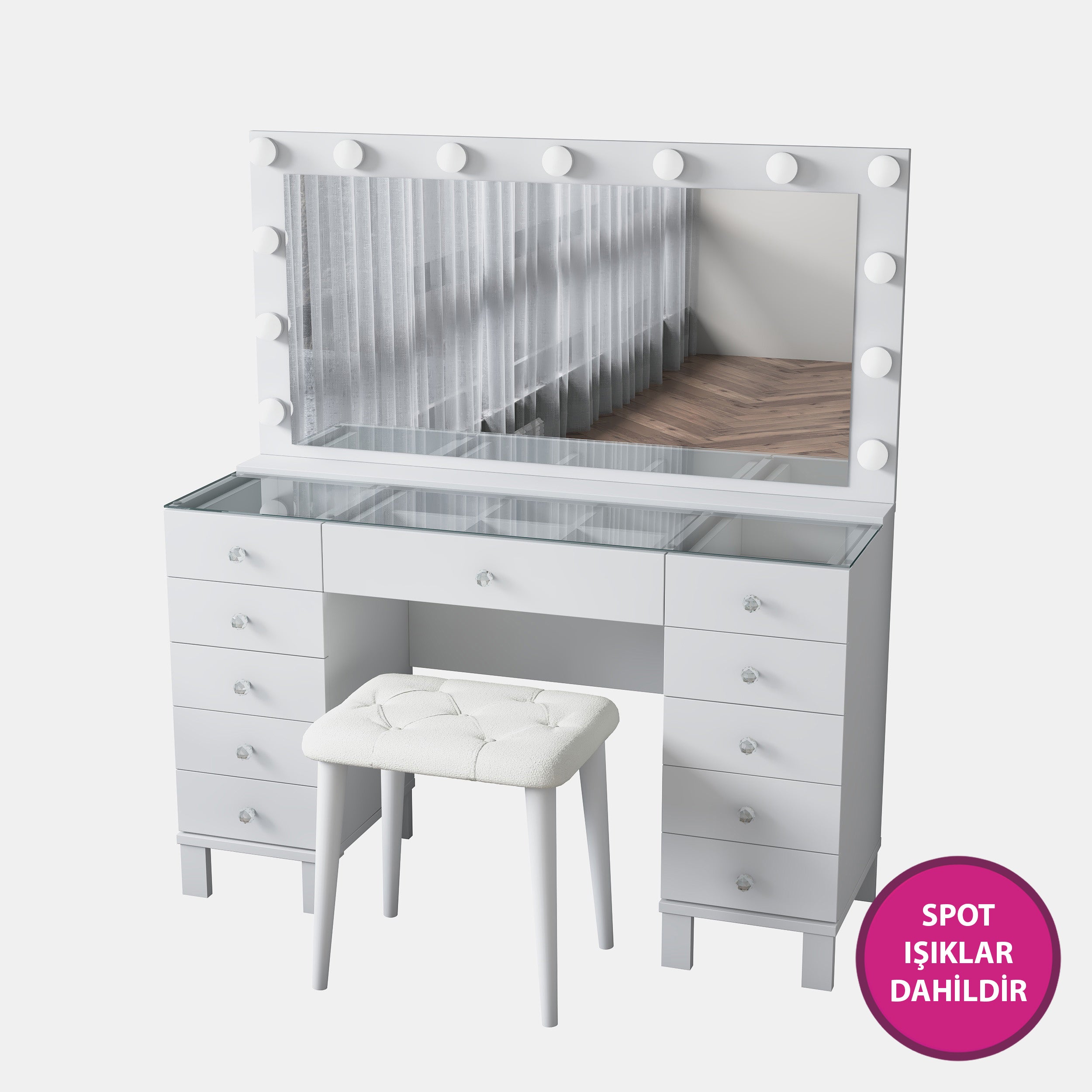 Rani BJ163 Hollywood Işıklı Aynalı Kulis Makyaj Masası Cam Tablalı 11 Çekmeceli Takı Düzenleyici Puf Takım Beyaz