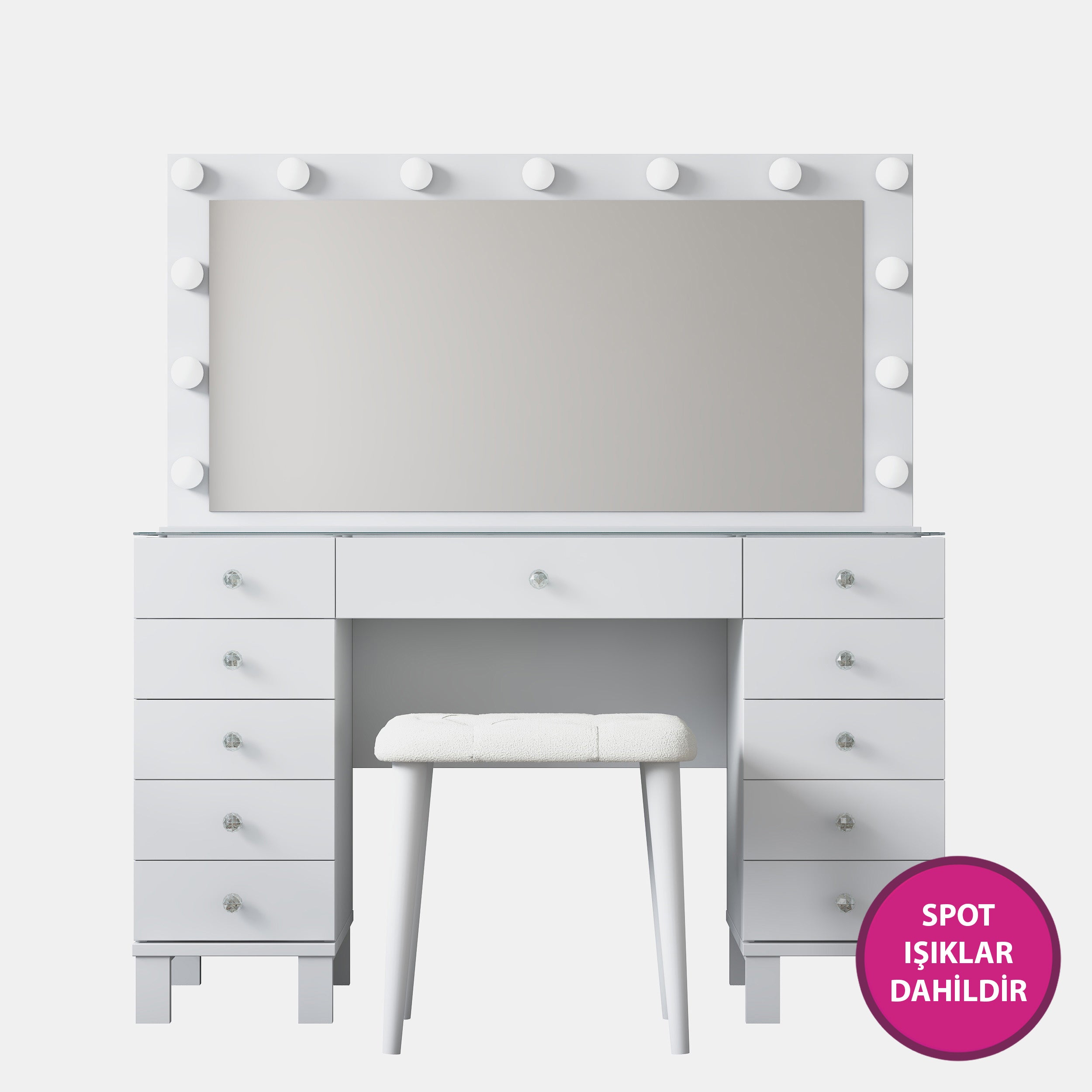 Rani BJ163 Hollywood Işıklı Aynalı Kulis Makyaj Masası Cam Tablalı 11 Çekmeceli Takı Düzenleyici Puf Takım Beyaz