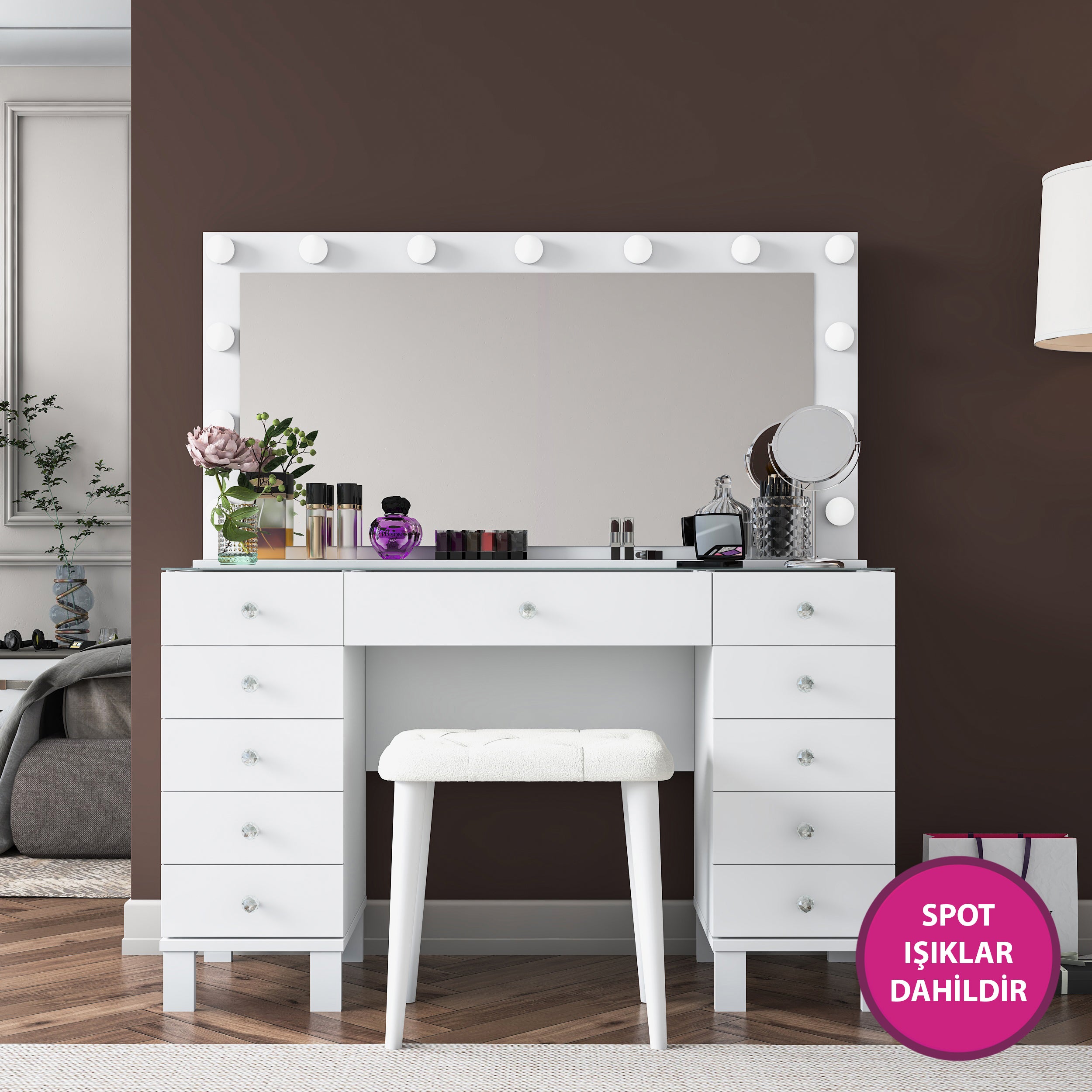Rani BJ163 Hollywood Işıklı Aynalı Kulis Makyaj Masası Cam Tablalı 11 Çekmeceli Takı Düzenleyici Puf Takım Beyaz