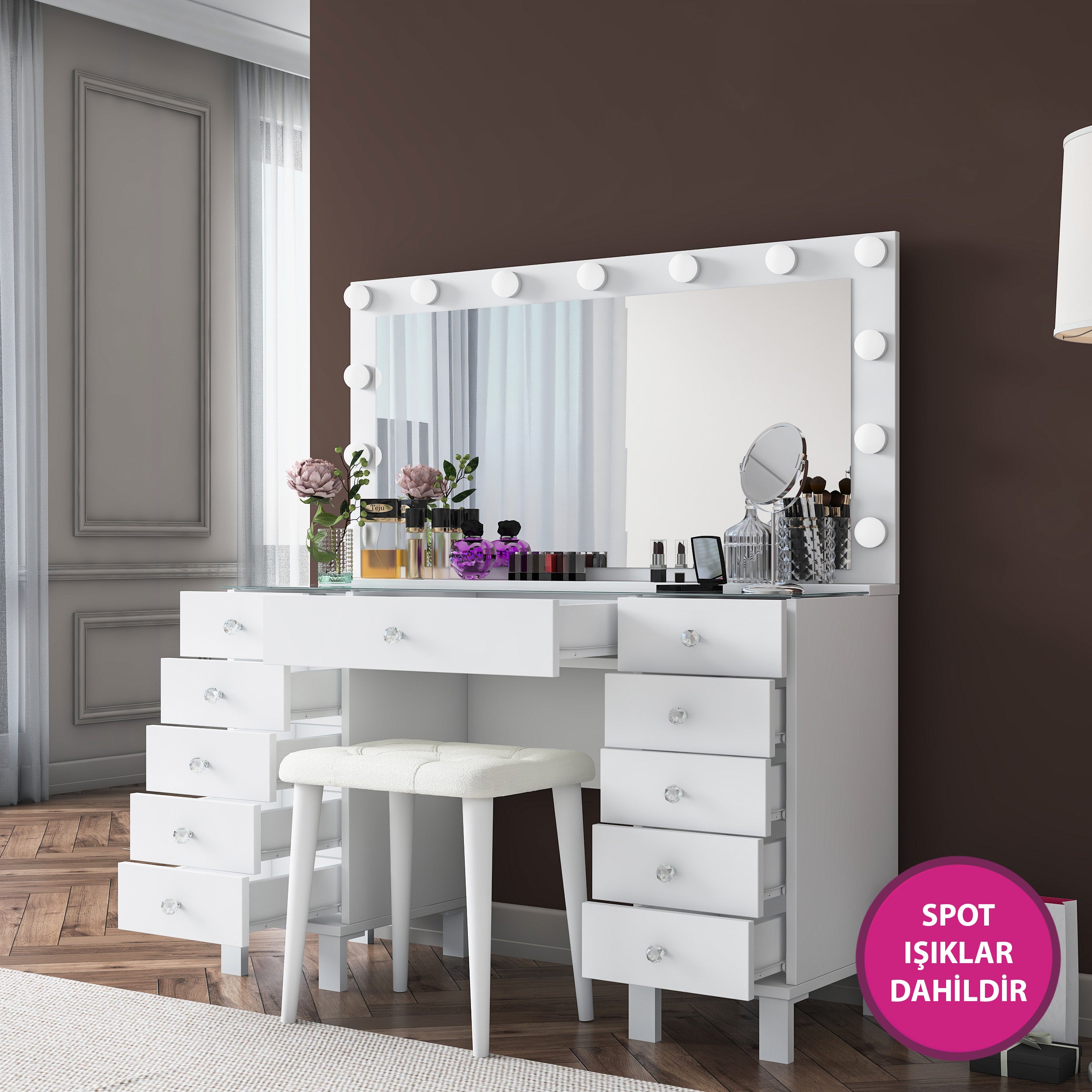Rani BJ163 Hollywood Işıklı Aynalı Kulis Makyaj Masası Cam Tablalı 11 Çekmeceli Takı Düzenleyici Puf Takım Beyaz