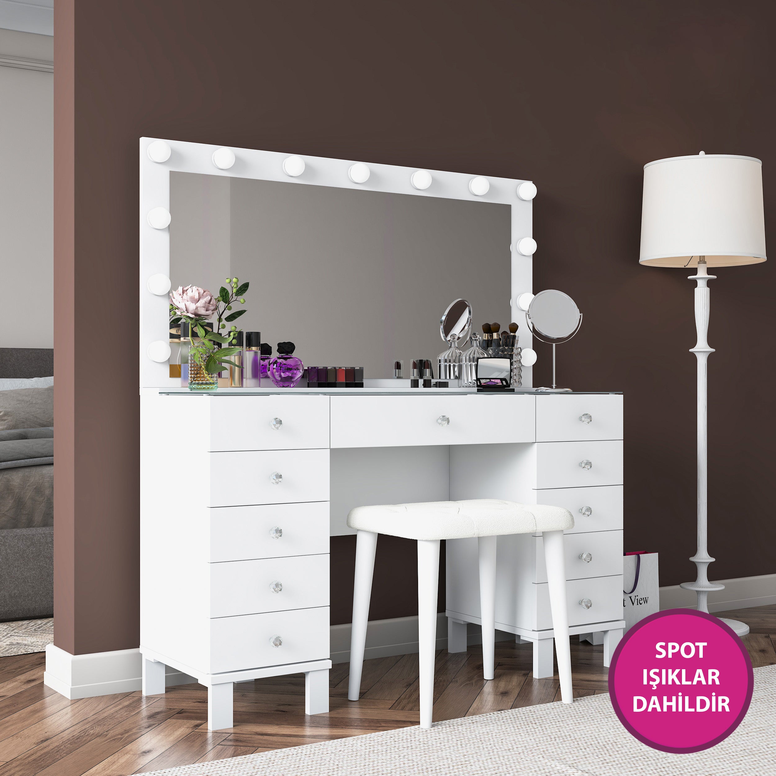 Rani BJ163 Hollywood Işıklı Aynalı Kulis Makyaj Masası Cam Tablalı 11 Çekmeceli Takı Düzenleyici Puf Takım Beyaz