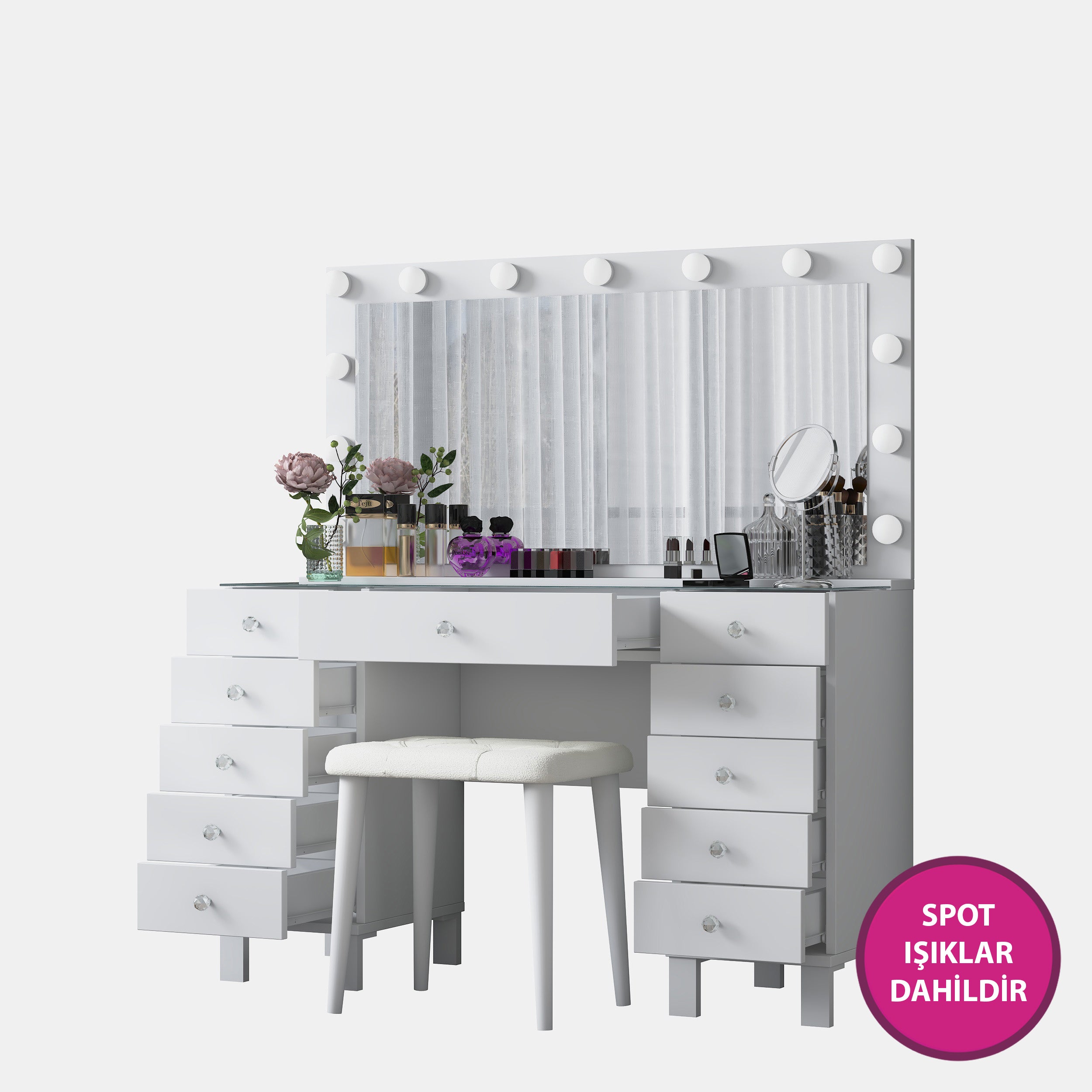 Rani BJ163 Hollywood Işıklı Aynalı Kulis Makyaj Masası Cam Tablalı 11 Çekmeceli Takı Düzenleyici Puf Takım Beyaz