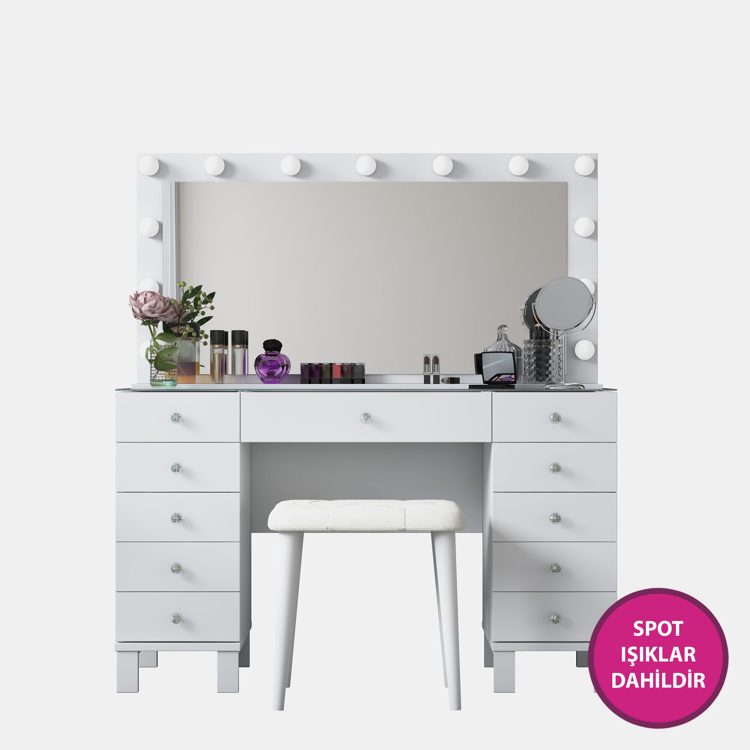 Rani BJ163 Hollywood Işıklı Aynalı Kulis Makyaj Masası Cam Tablalı 11 Çekmeceli Takı Düzenleyici Puf Takım Beyaz