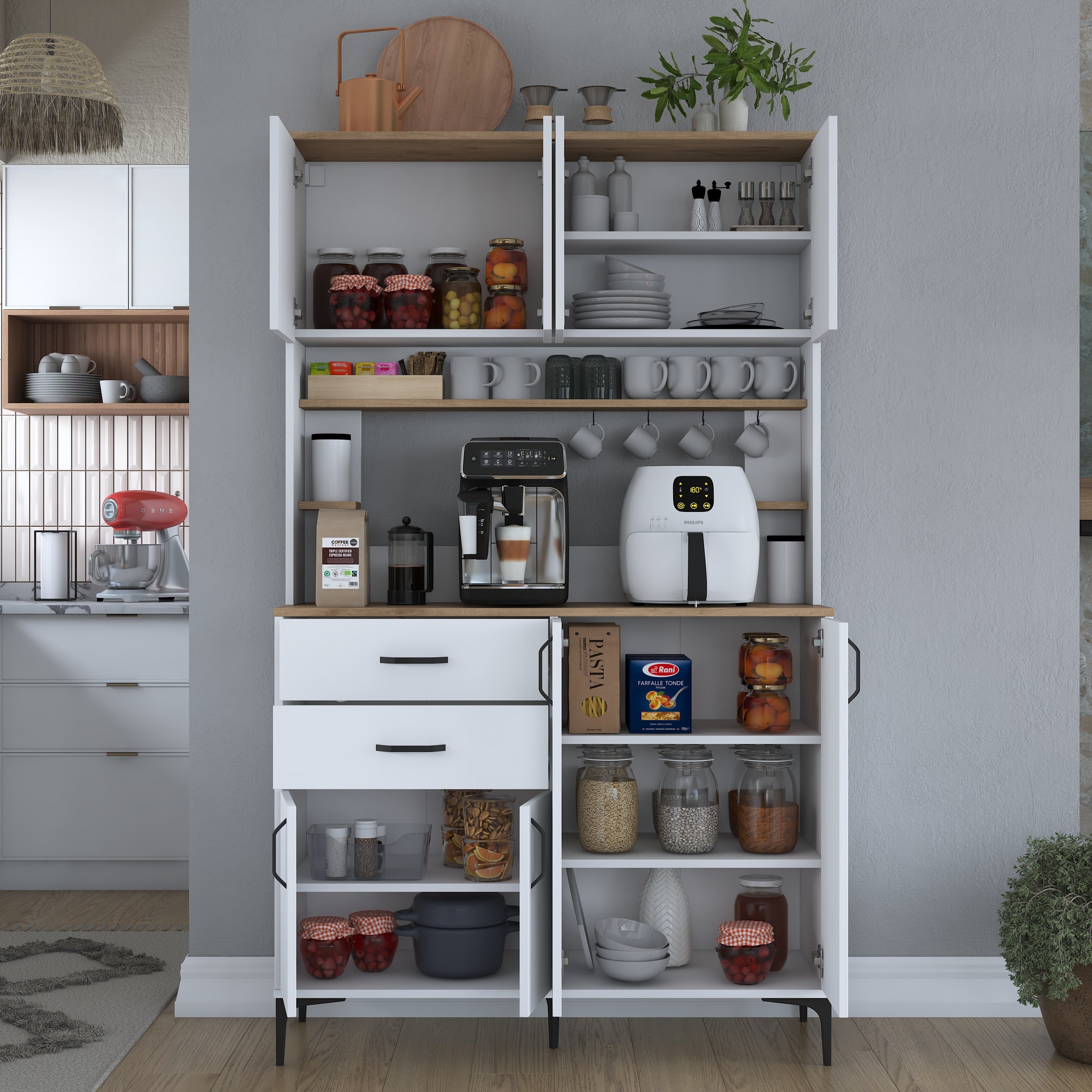 Rani JE212 Kahve Köşesi Çok Amaçlı Dolap, 8 kapaklı ve 2 çekmeceli tasarımıyla mutfak ve kiler alanlarında düzen sağlar. Beyaz ve sepet ceviz renk kombinasyonu ile modern bir görünüm sunar.