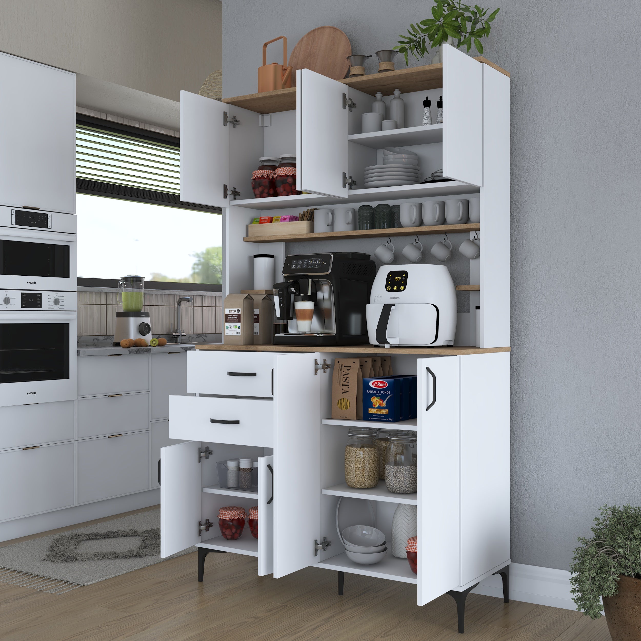 Rani JE212 Kahve Köşesi Çok Amaçlı Dolap, 8 kapaklı ve 2 çekmeceli tasarımıyla mutfak ve kiler alanlarında düzen sağlar. Beyaz ve sepet ceviz renk kombinasyonu ile modern bir görünüm sunar.