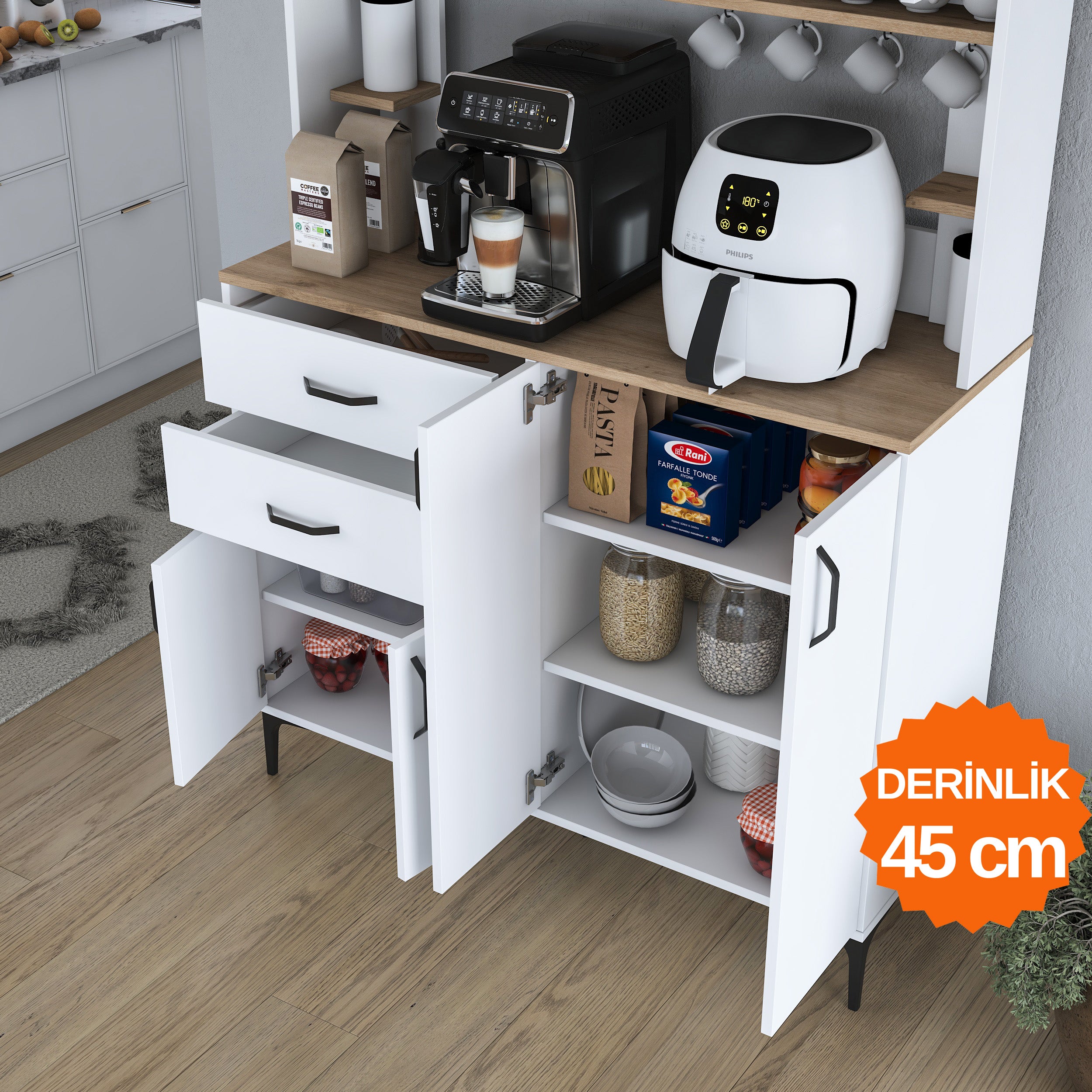 Rani JE212 Kahve Köşesi Çok Amaçlı Dolap, 8 kapaklı ve 2 çekmeceli tasarımıyla mutfak ve kiler alanlarında düzen sağlar. Beyaz ve sepet ceviz renk kombinasyonu ile modern bir görünüm sunar.