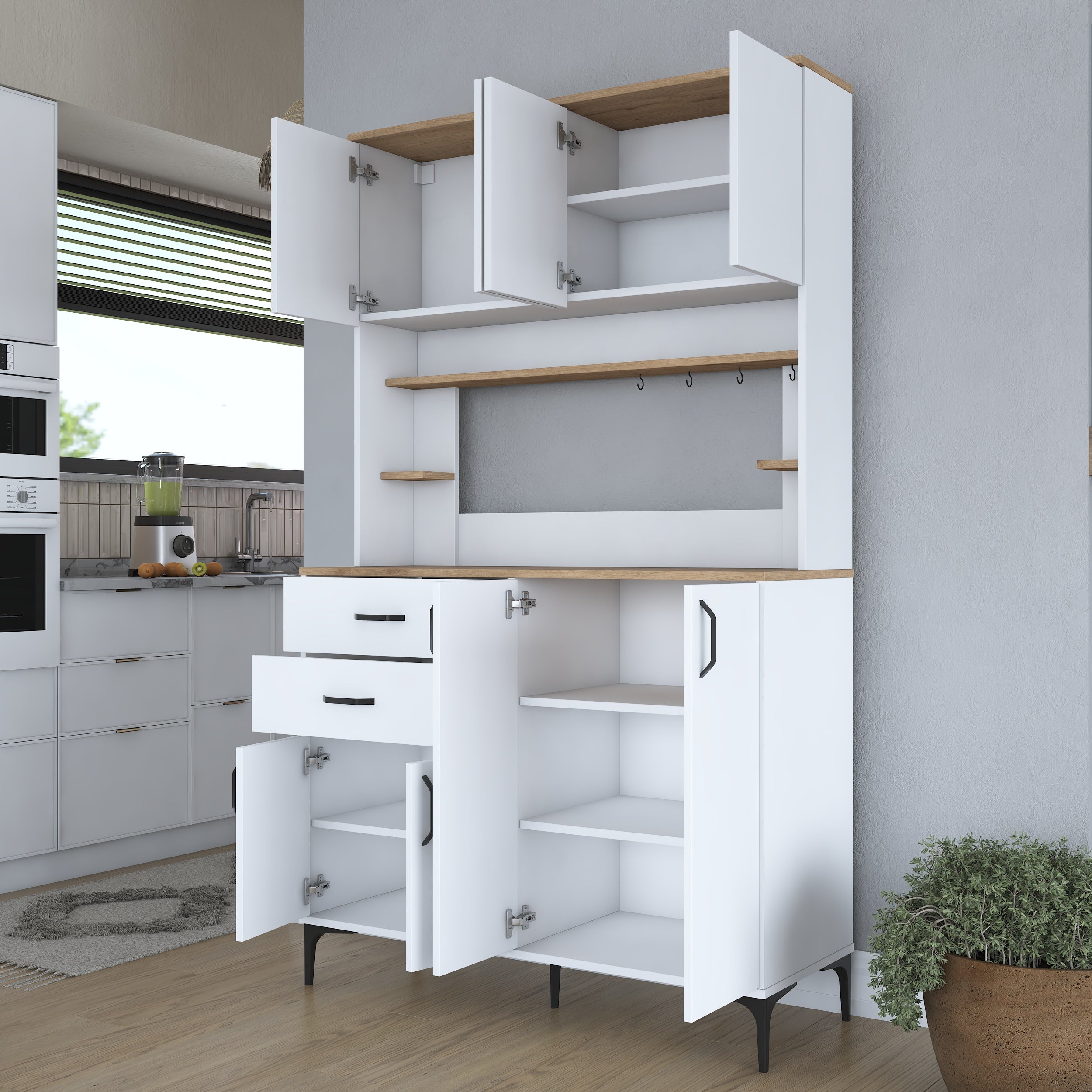 Rani JE212 Kahve Köşesi Çok Amaçlı Dolap 8 Kapaklı 2 Çekmeceli Raflı K