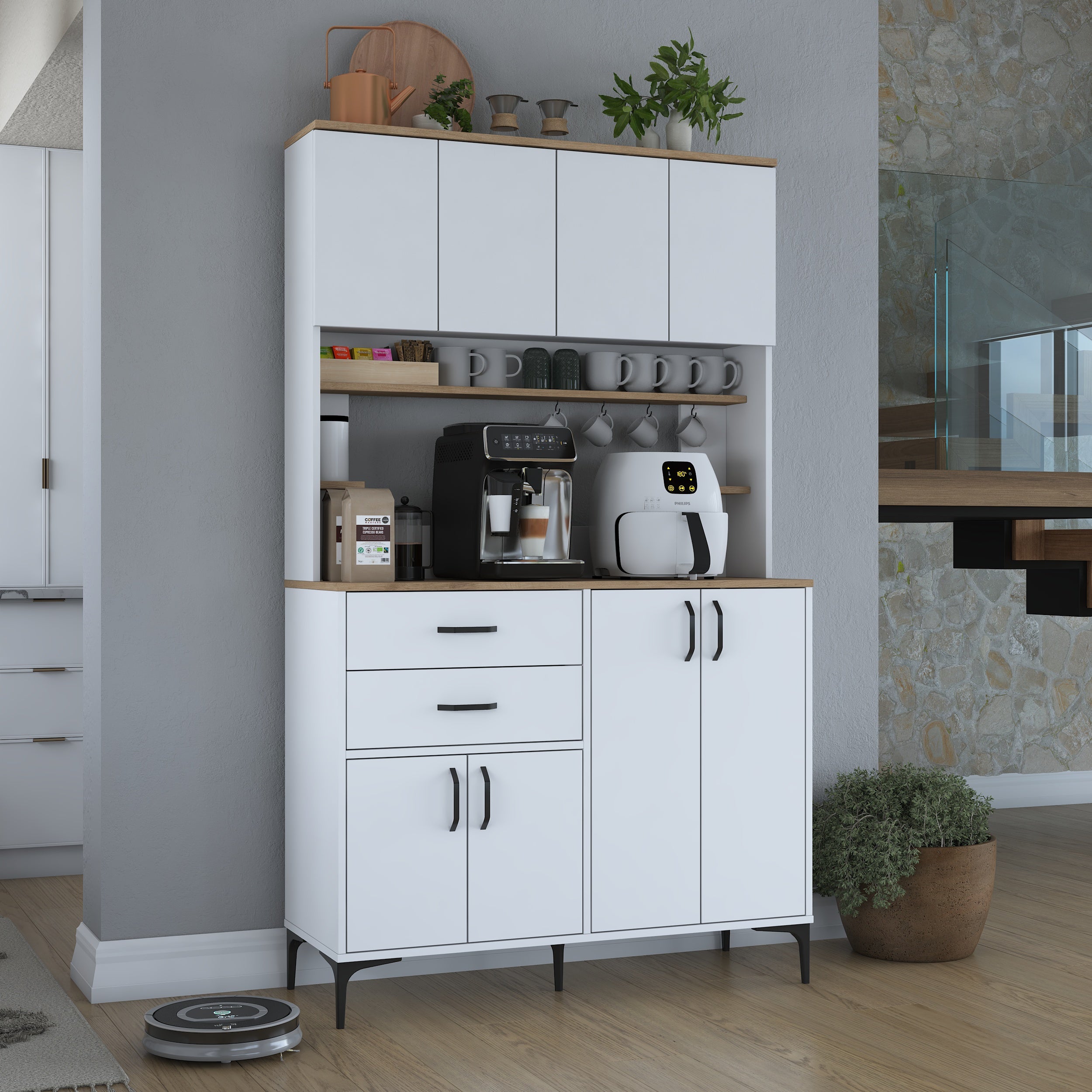 Rani JE212 Kahve Köşesi Çok Amaçlı Dolap, 8 kapaklı ve 2 çekmeceli tasarımıyla mutfak ve kiler alanlarında düzen sağlar. Beyaz ve sepet ceviz renk kombinasyonu ile modern bir görünüm sunar.