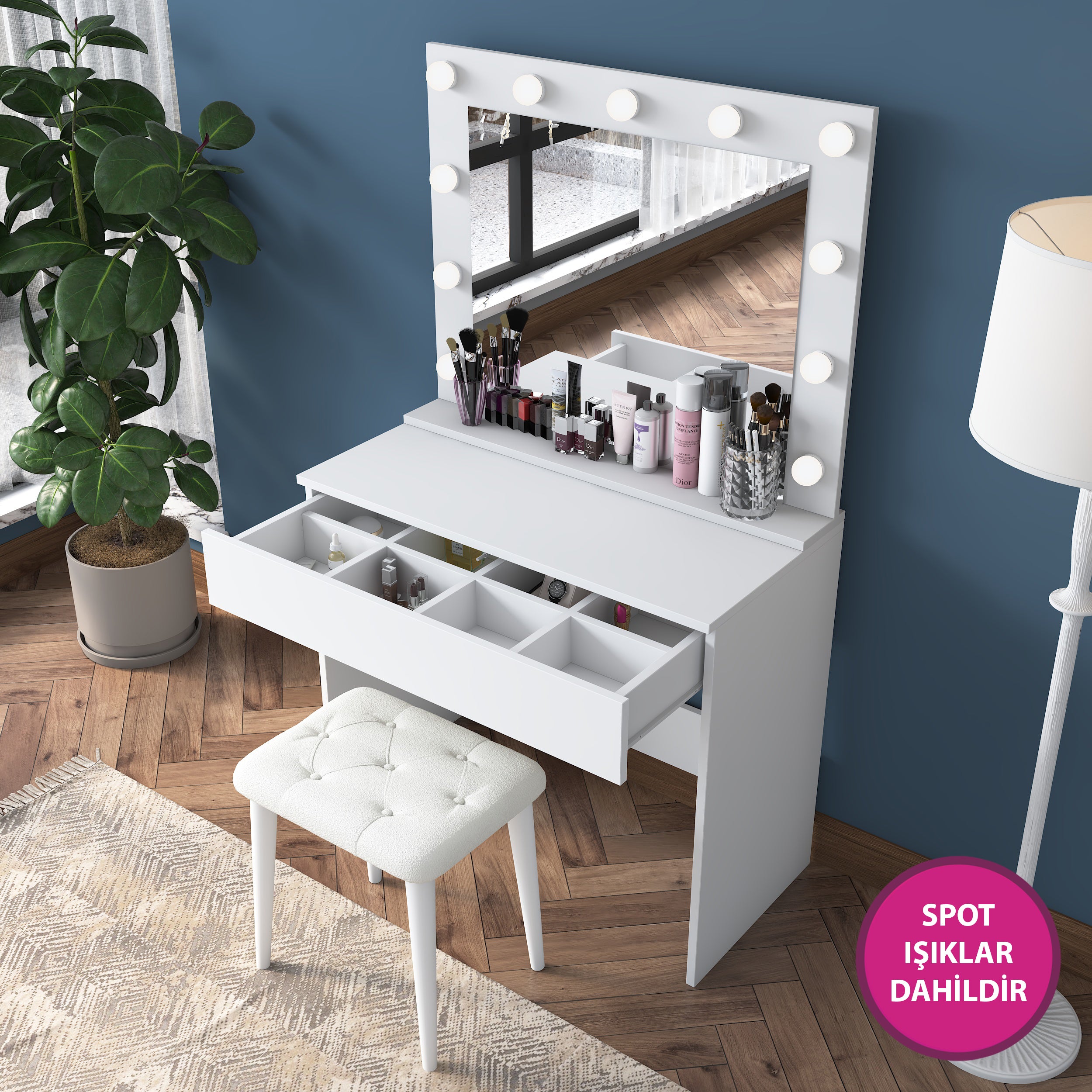 Rani BJ161 Hollywood Işıklı Aynalı Kulis Makyaj Masası Takı Düzenleyici Puf Takım Beyaz