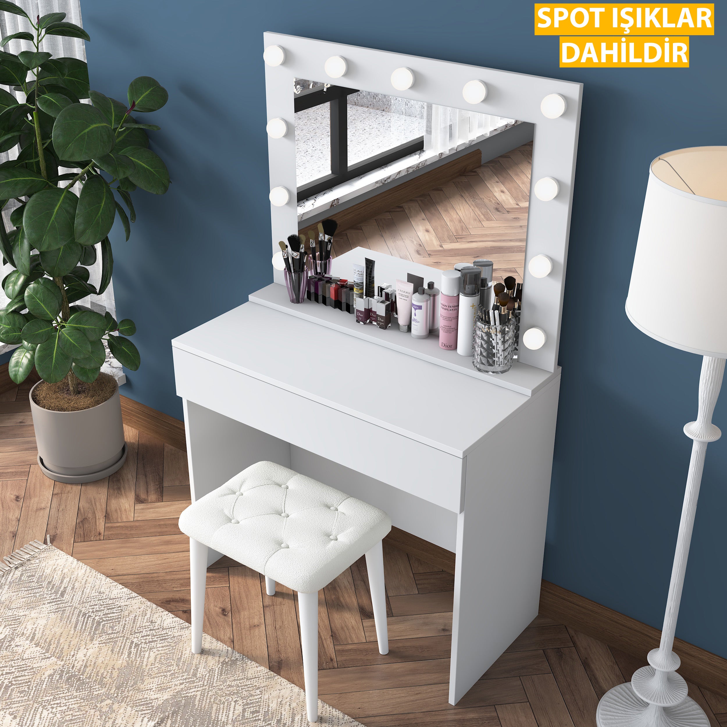 Rani BJ161 Hollywood Işıklı Aynalı Kulis Makyaj Masası Takı Düzenleyici Puf Takım Beyaz