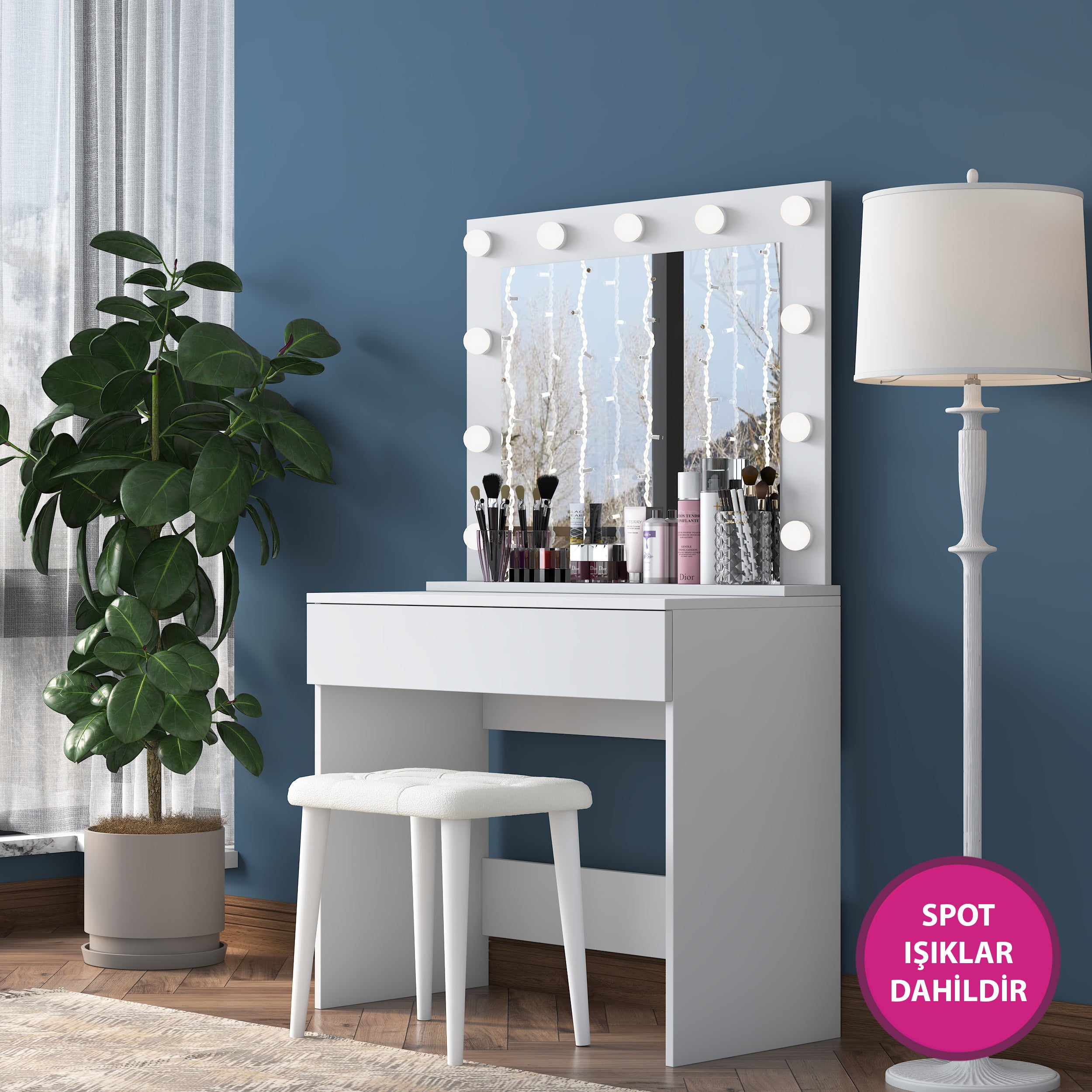 Rani BJ161 Hollywood Işıklı Aynalı Kulis Makyaj Masası Takı Düzenleyici Puf Takım Beyaz