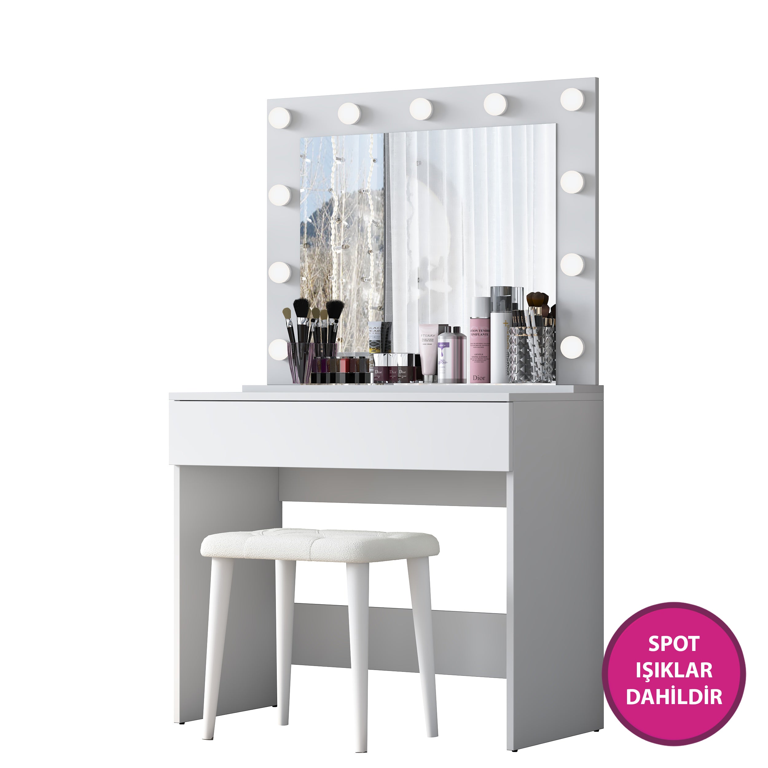 Rani BJ161 Hollywood Işıklı Aynalı Kulis Makyaj Masası Takı Düzenleyici Puf Takım Beyaz