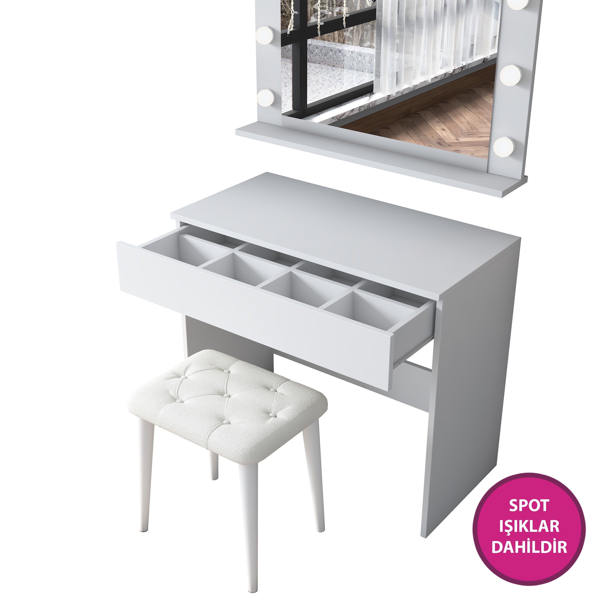 Rani BJ161 Hollywood Işıklı Aynalı Kulis Makyaj Masası Takı Düzenleyici Puf Takım Beyaz
