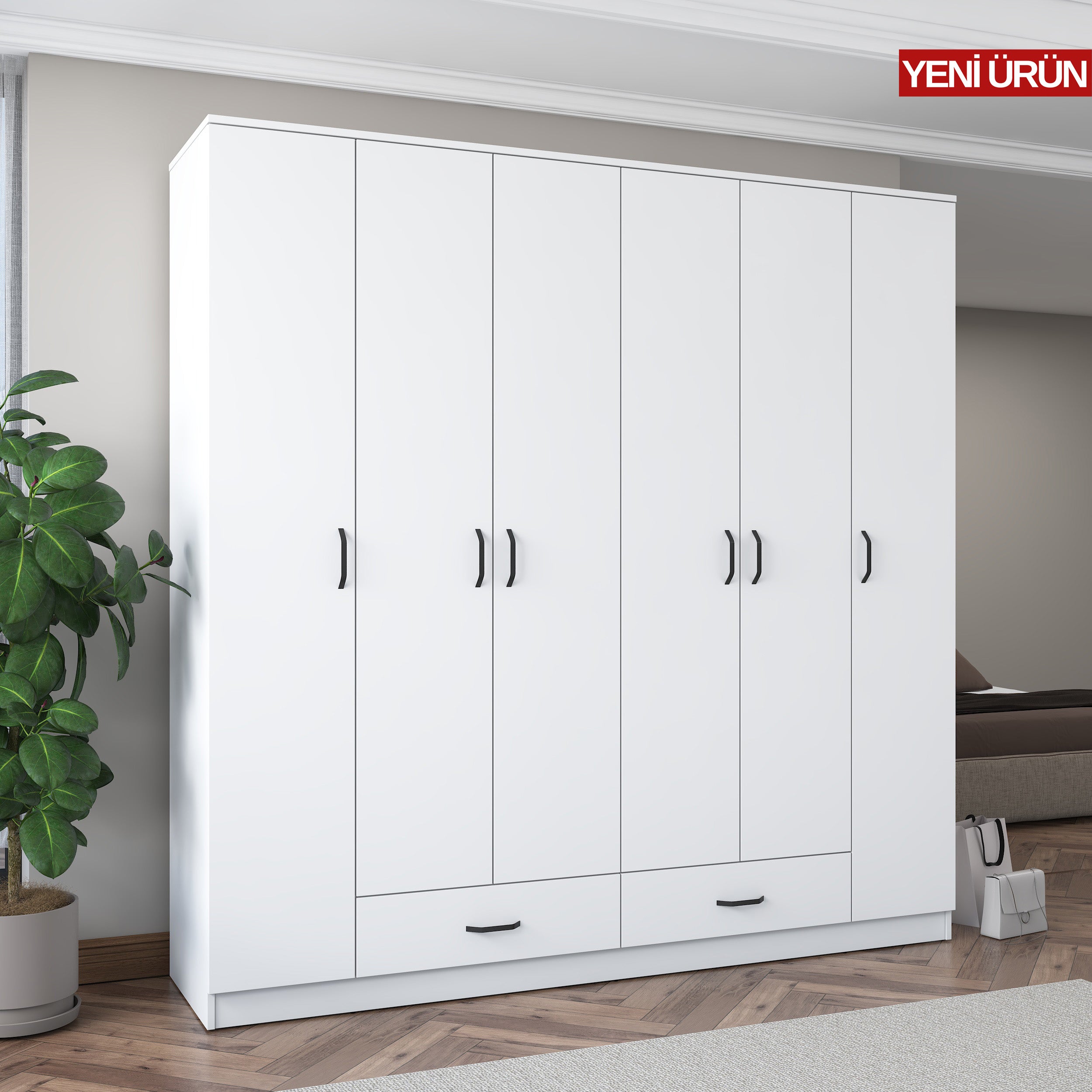 Rani BA134 Geniş Gardırop Elbise Dolabı 6 Kapaklı 2 Çekmeceli 14 Raflı 2 Askılı Beyaz