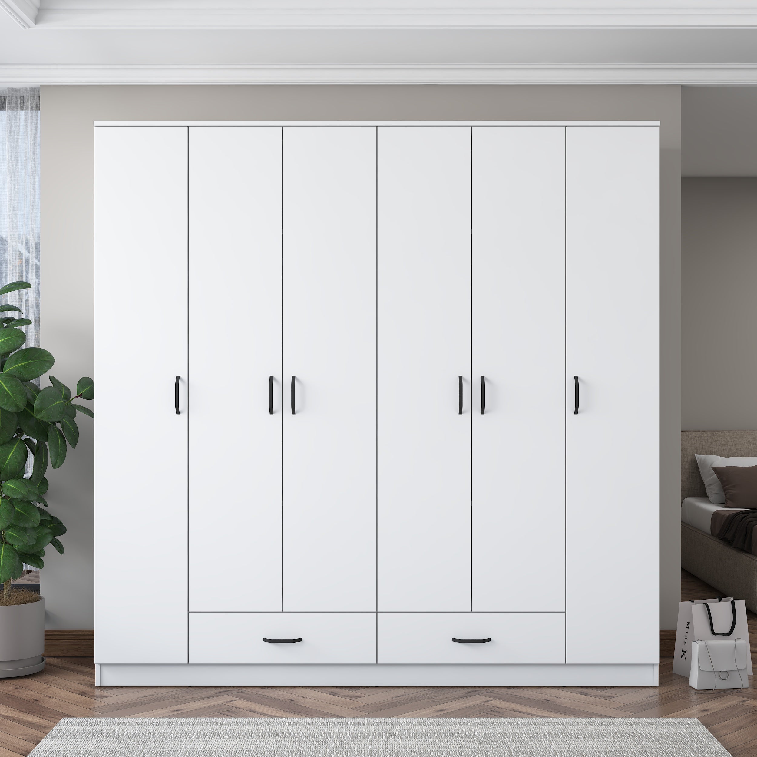Rani BA134 Geniş Gardırop Elbise Dolabı 6 Kapaklı 2 Çekmeceli 12 Raflı 2 Askılı Beyaz