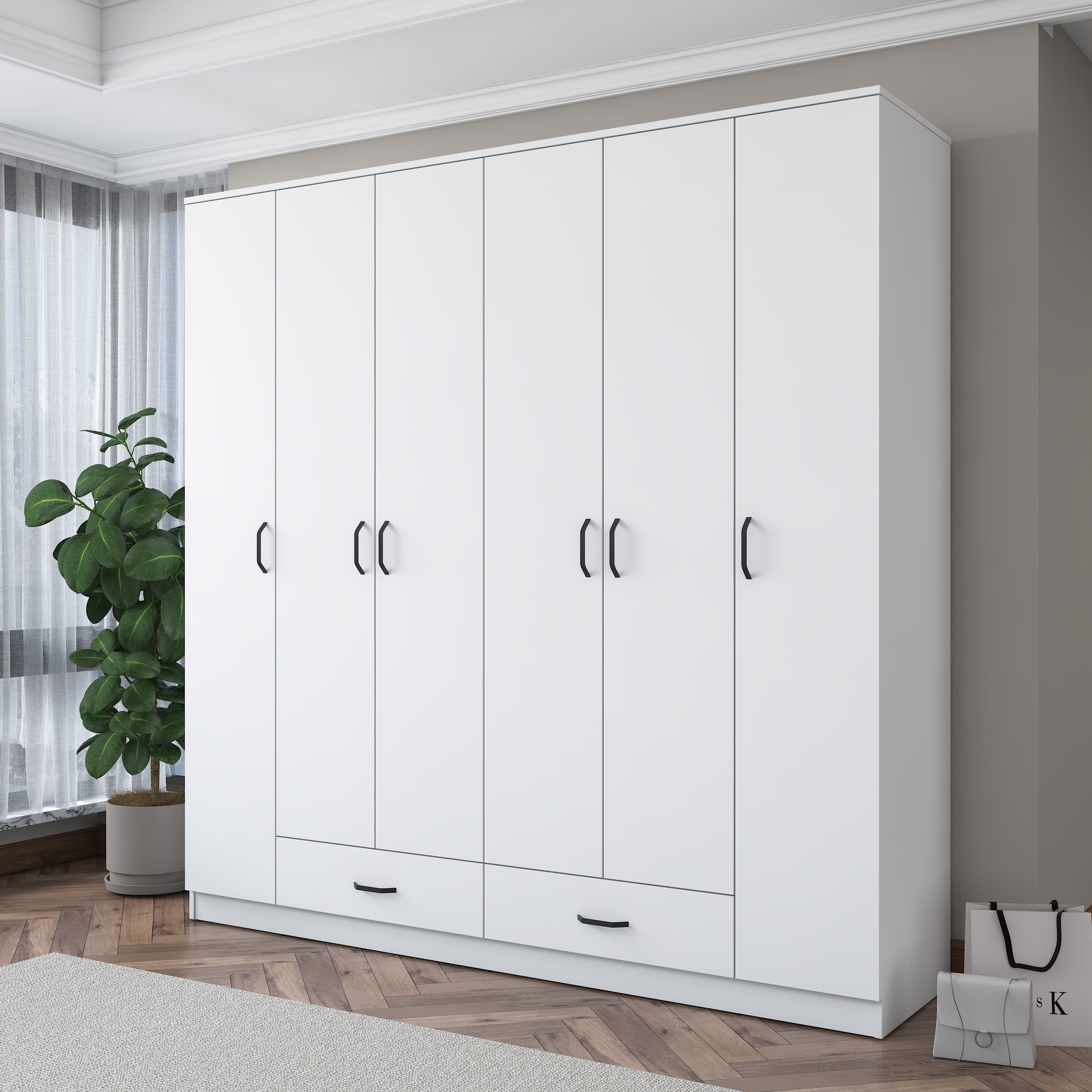 Rani BA134 Geniş Gardırop Elbise Dolabı 6 Kapaklı 2 Çekmeceli 12 Raflı 2 Askılı Beyaz