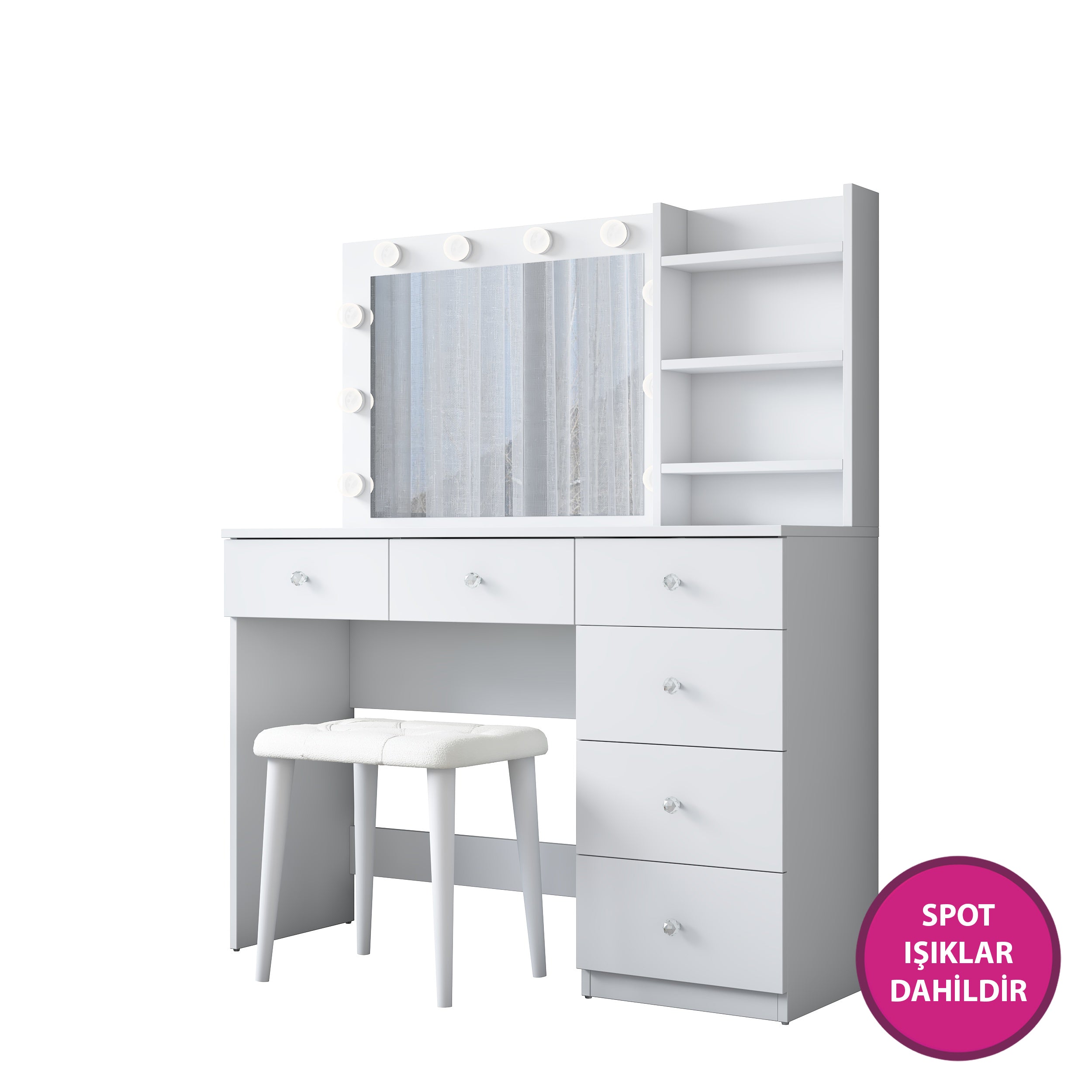 Rani BJ162 Hollywood Işıklı Aynalı Kulis Makyaj Masası 6 Çekmeceli Takı Düzenleyici Puf Takım Beyaz