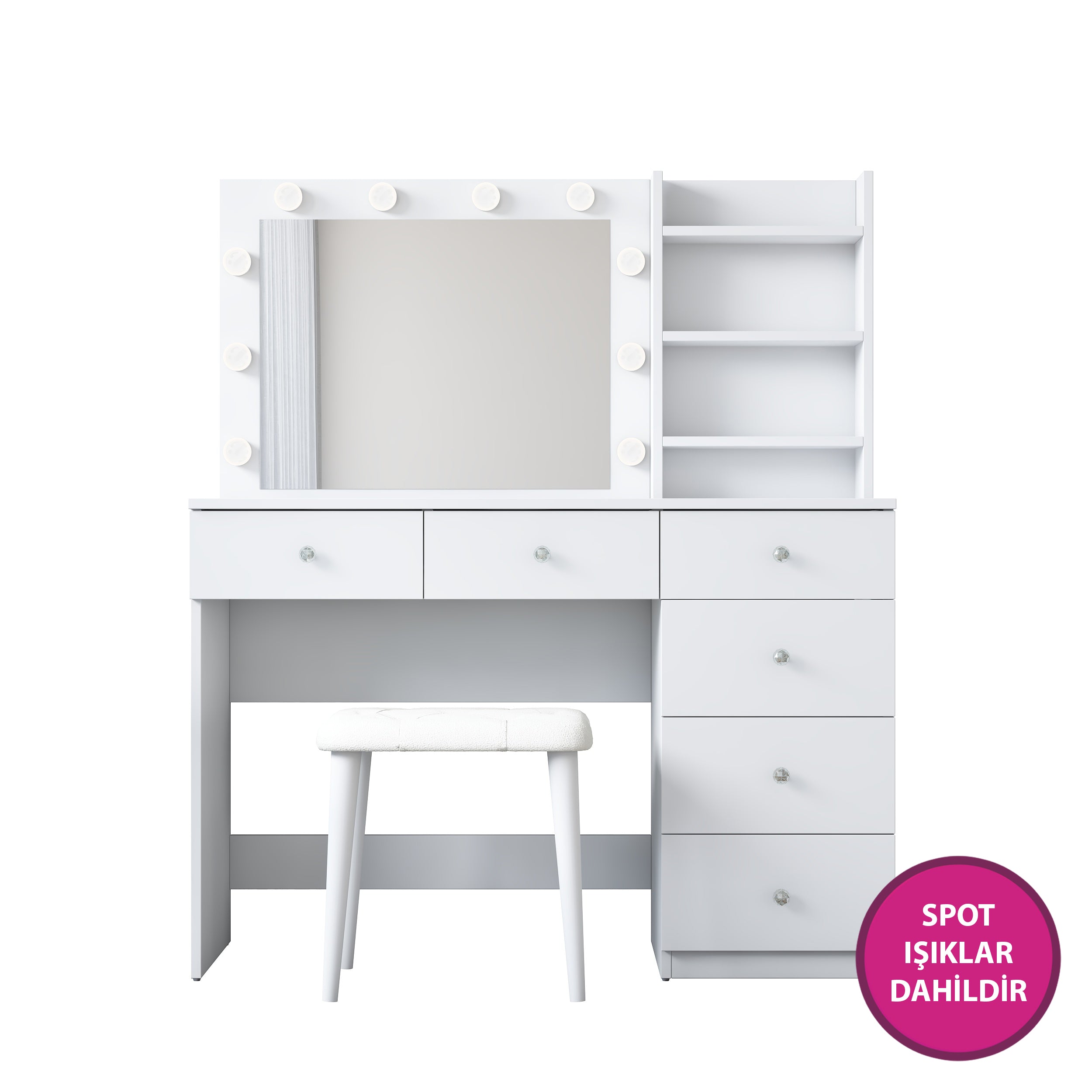 Rani BJ162 Hollywood Işıklı Aynalı Kulis Makyaj Masası 6 Çekmeceli Takı Düzenleyici Puf Takım Beyaz