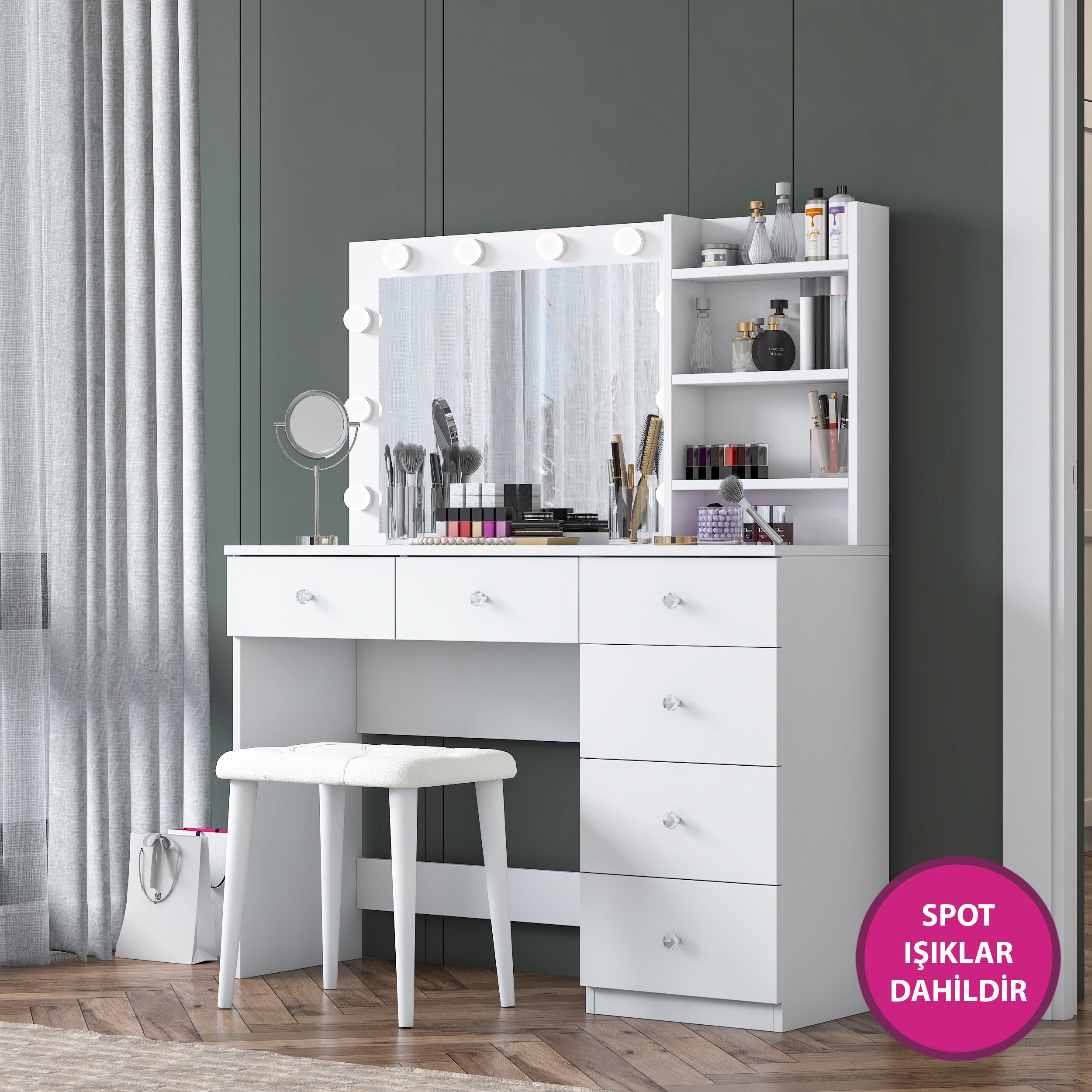 Rani BJ162 Hollywood Işıklı Aynalı Kulis Makyaj Masası 6 Çekmeceli Takı Düzenleyici Puf Takım Beyaz