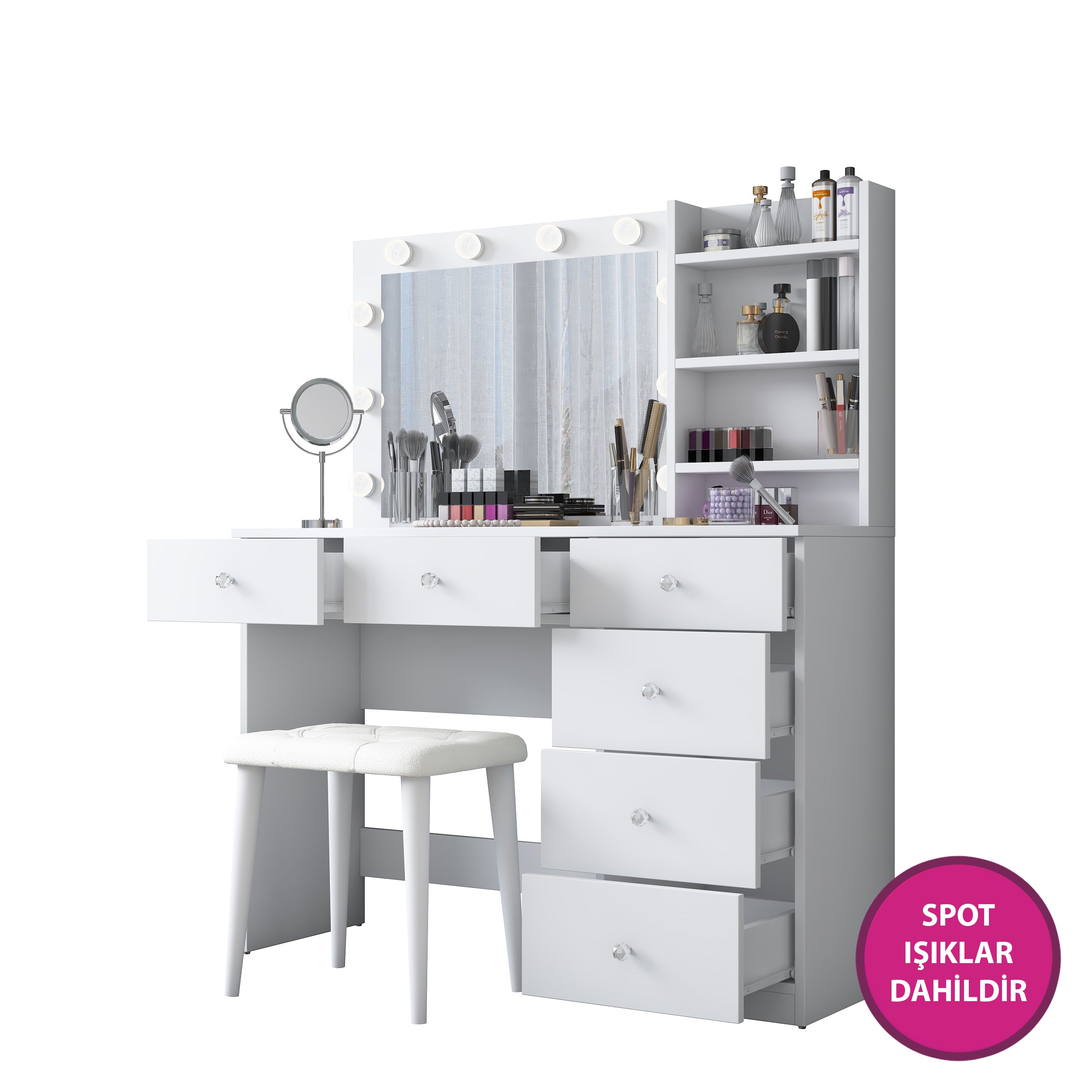 Rani BJ162 Hollywood Işıklı Aynalı Kulis Makyaj Masası 6 Çekmeceli Takı Düzenleyici Puf Takım Beyaz