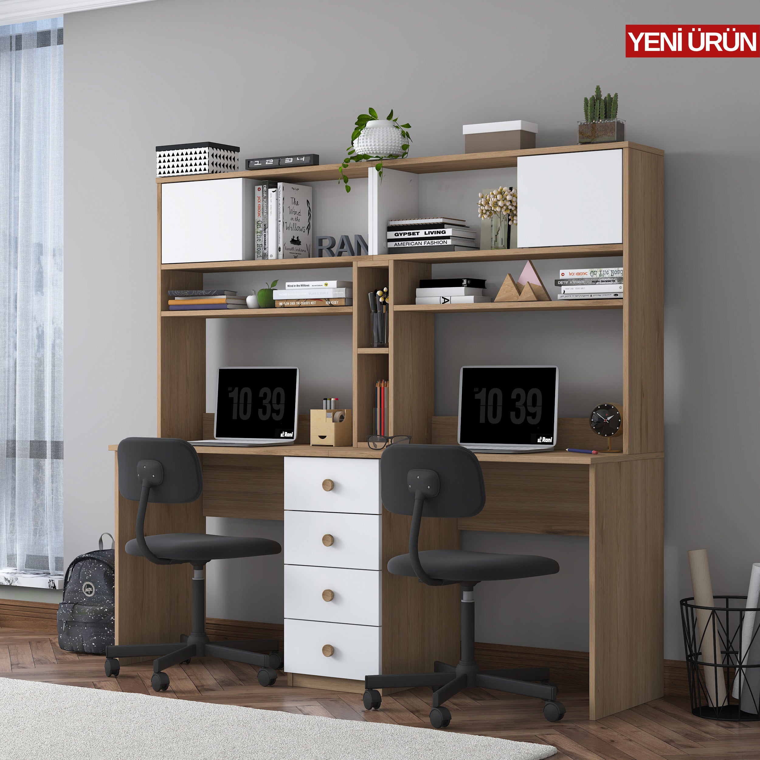 Rani HA130 İki Kişilik Raflı 2 Kapaklı 4 Çekmeceli Çalışma Ofis Bilgisayar Masası Sepet Ceviz - Beyaz