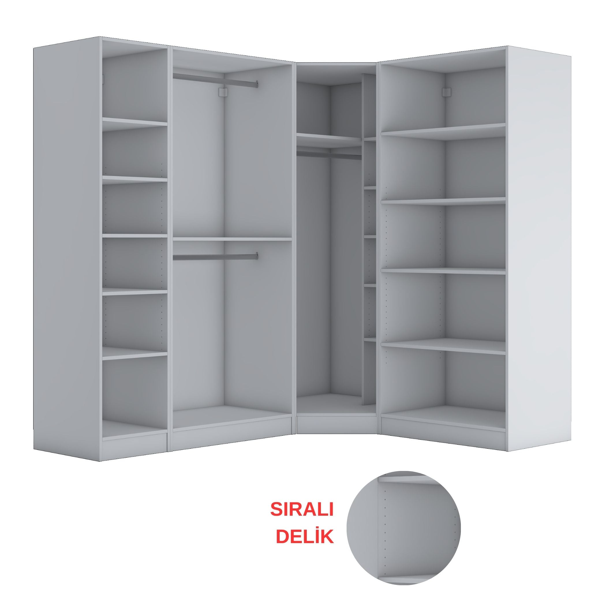 Rani BA152 Geniş Köşe Gardırop Elbise Dolabı 6 Kapaklı 18 Raflı 3 Askılı Modüler Dolap Beyaz