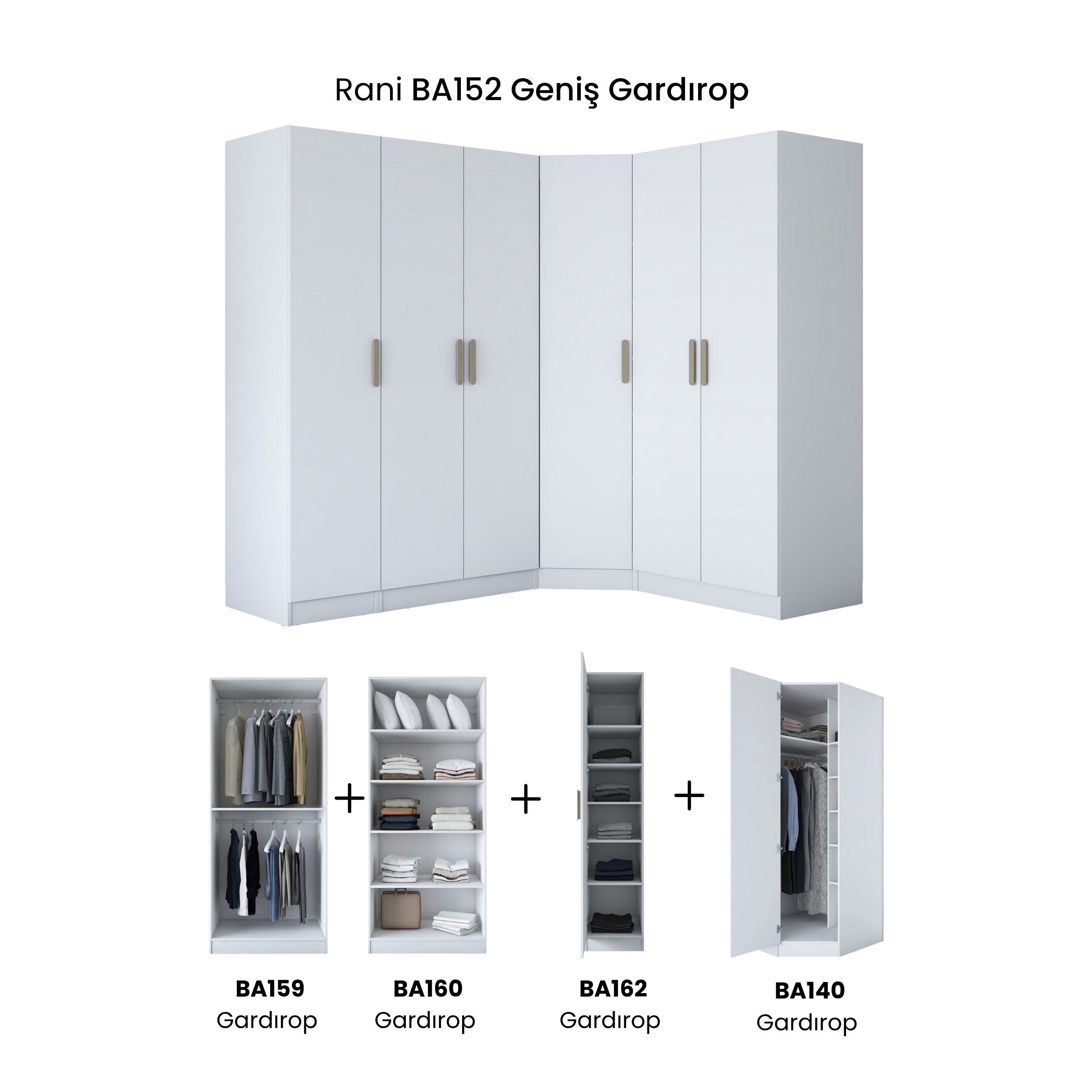 Rani BA152 Geniş Köşe Gardırop Elbise Dolabı 6 Kapaklı 16 Raflı 3 Askılı Modüler Dolap Beyaz