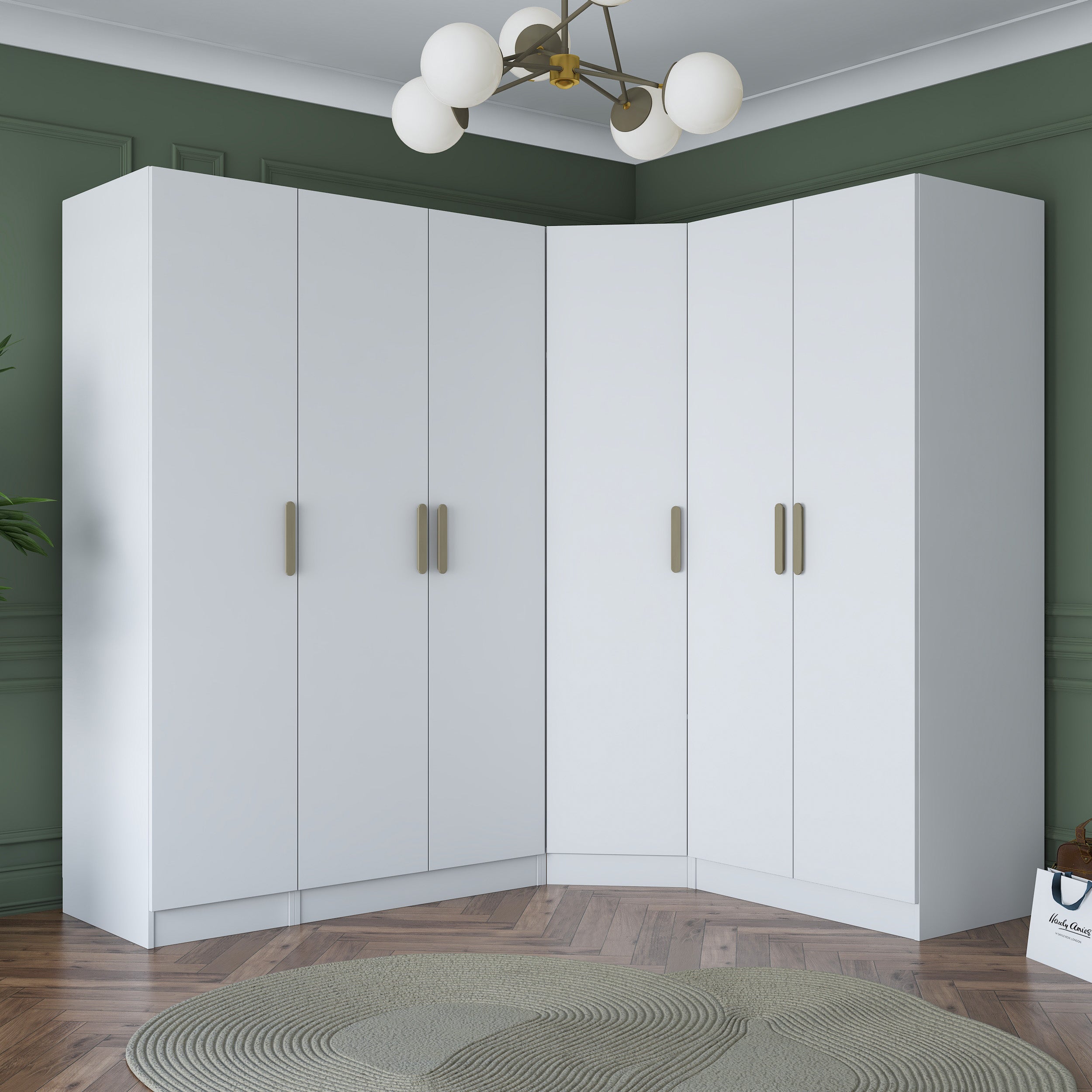 Rani BA152 Geniş Köşe Gardırop Elbise Dolabı 6 Kapaklı 18 Raflı 3 Askılı Modüler Dolap Beyaz