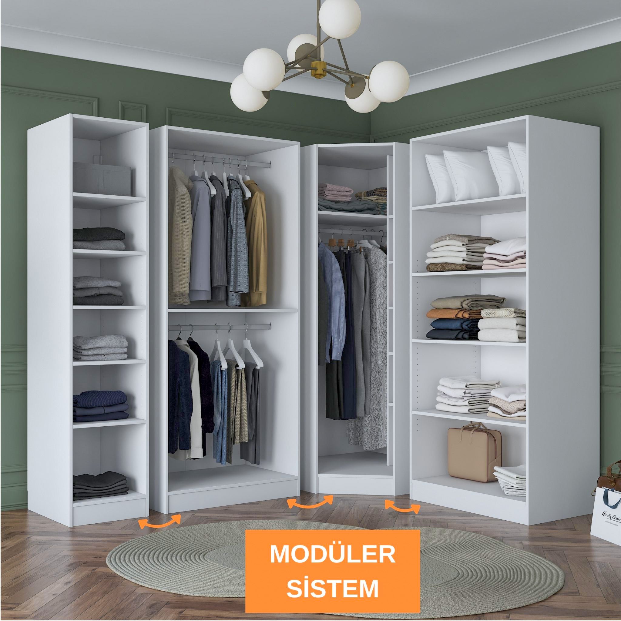 Rani BA152 Geniş Köşe Gardırop Elbise Dolabı 6 Kapaklı 18 Raflı 3 Askılı Modüler Dolap Beyaz
