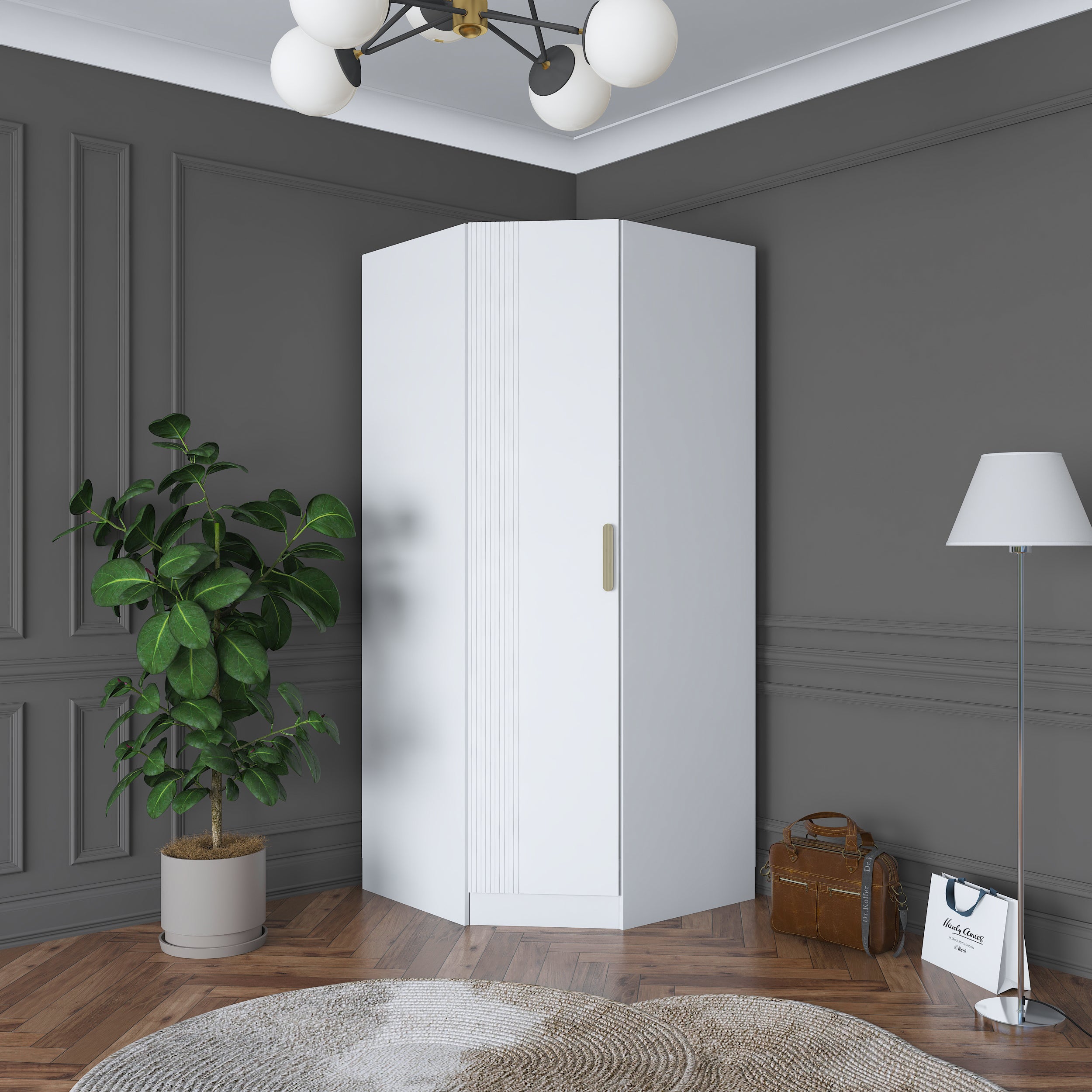 Rani BA183 Köşe Modül Gardırop Membran Kapaklı 6 Raflı Askılı Elbise Dolabı Tamamlayıcı Köşe Ünitesi Beyaz