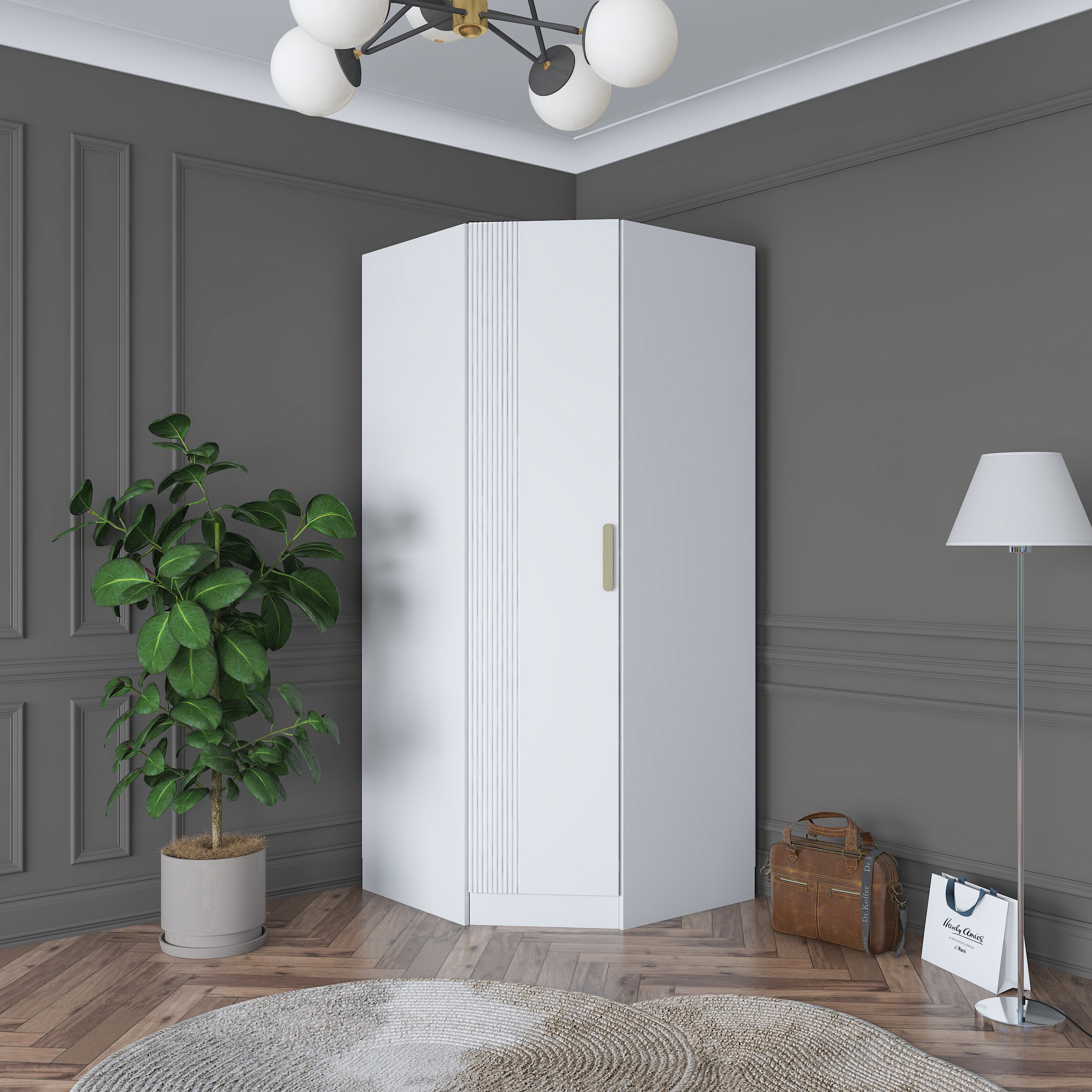 Rani BA183 Köşe Modül Gardırop Membran Kapaklı 6 Raflı Askılı Elbise Dolabı Tamamlayıcı Köşe Ünitesi Beyaz