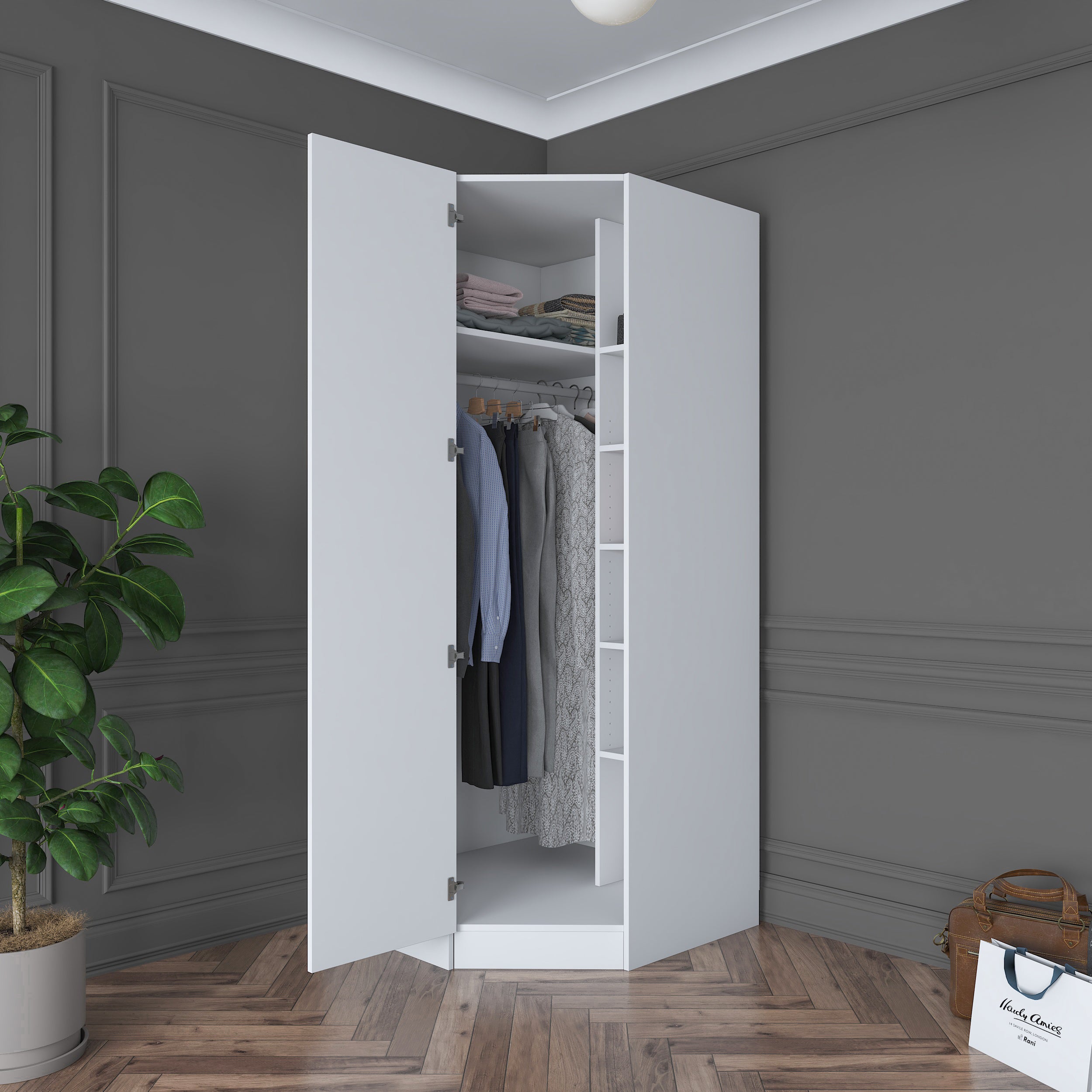Rani BA183 beyaz köşe modül gardırop raflı askılı dolap