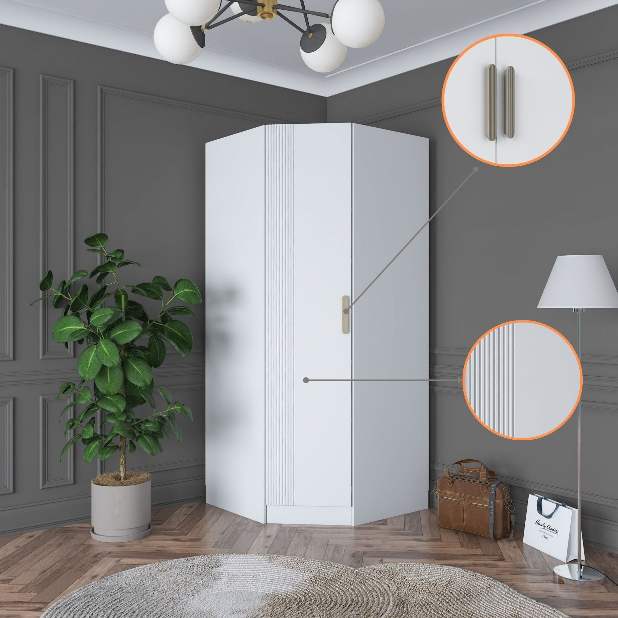 Rani BA183 beyaz köşe modül gardırop raflı askılı dolap