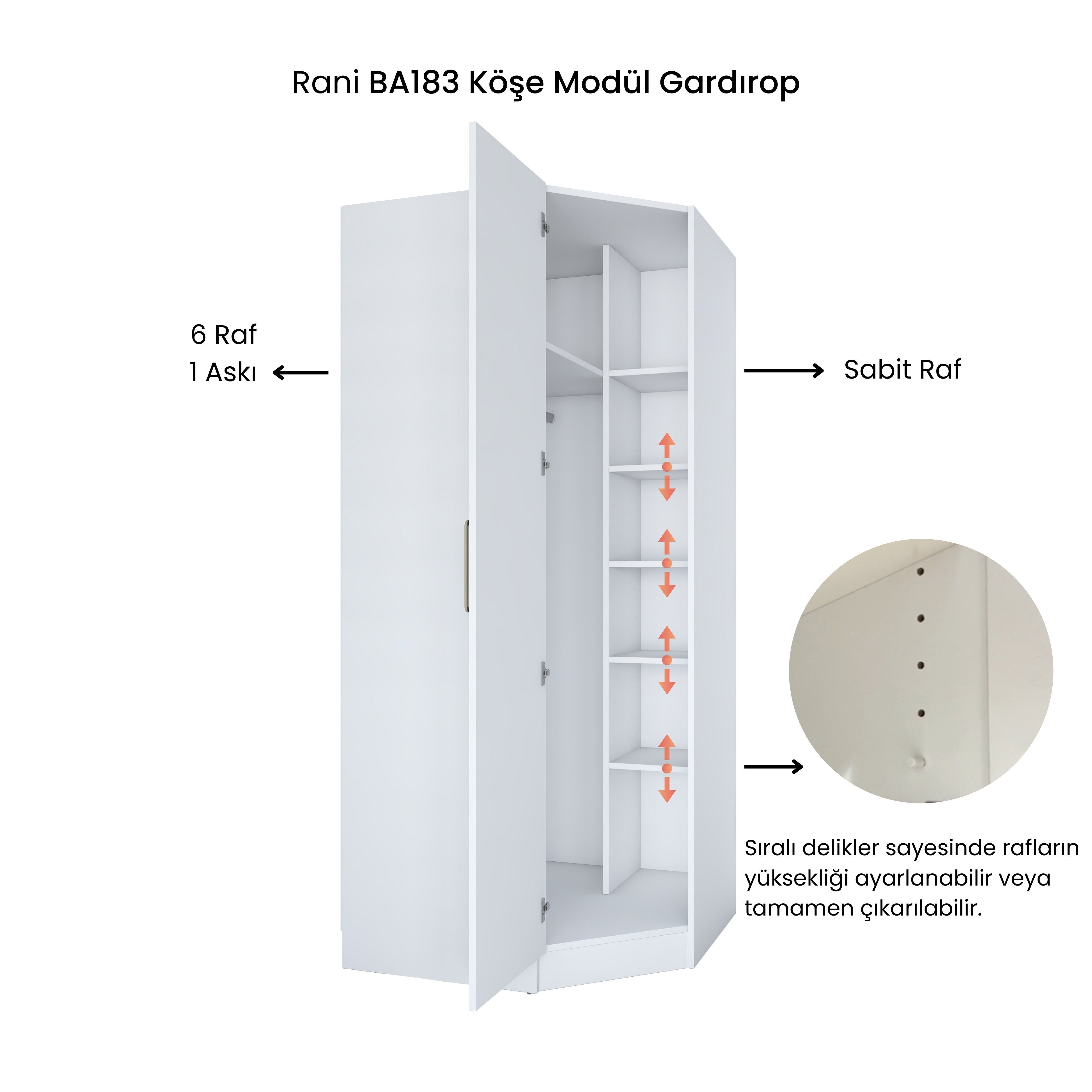 Rani BA183 beyaz köşe modül gardırop raflı askılı dolap