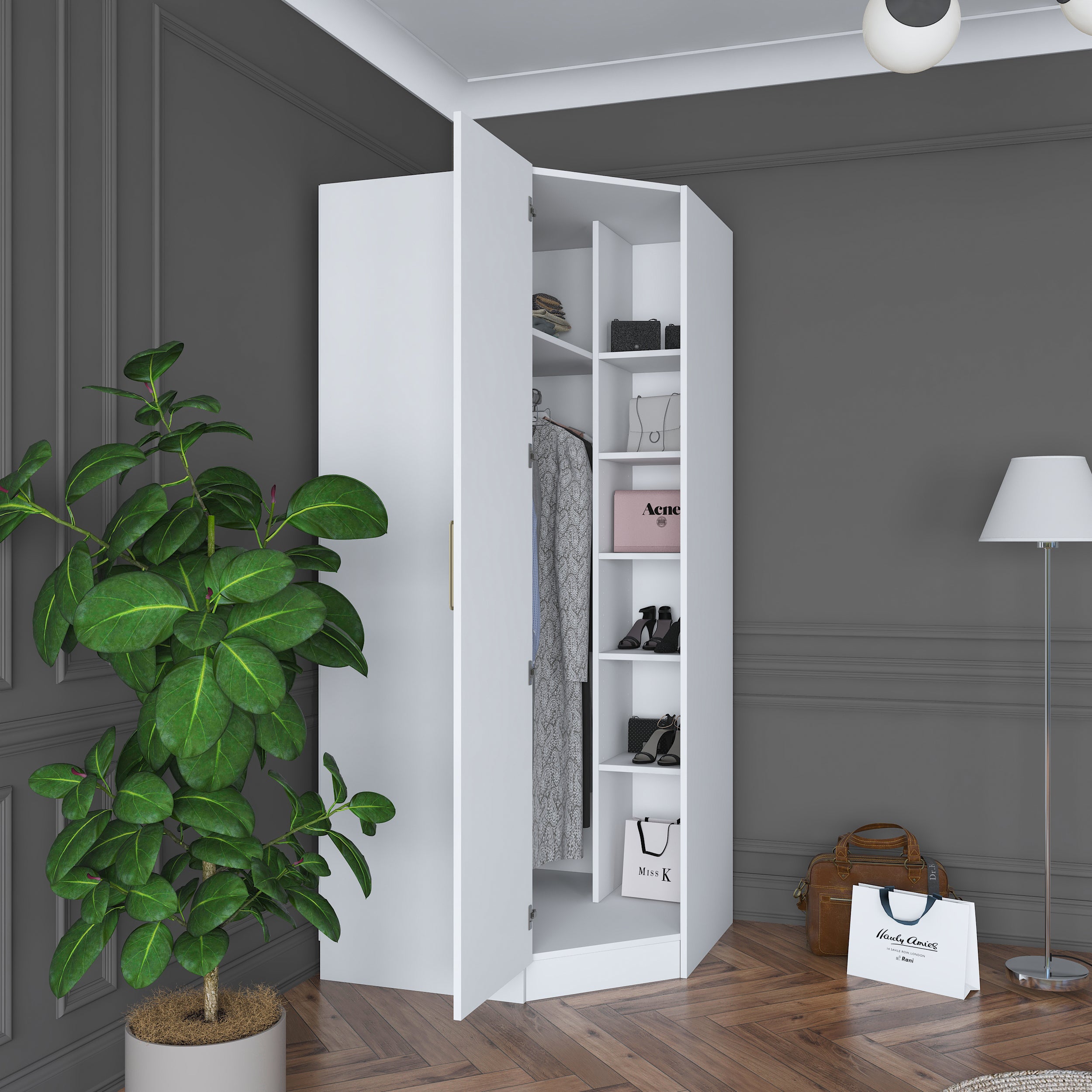 Rani BA183 beyaz köşe modül gardırop raflı askılı dolap