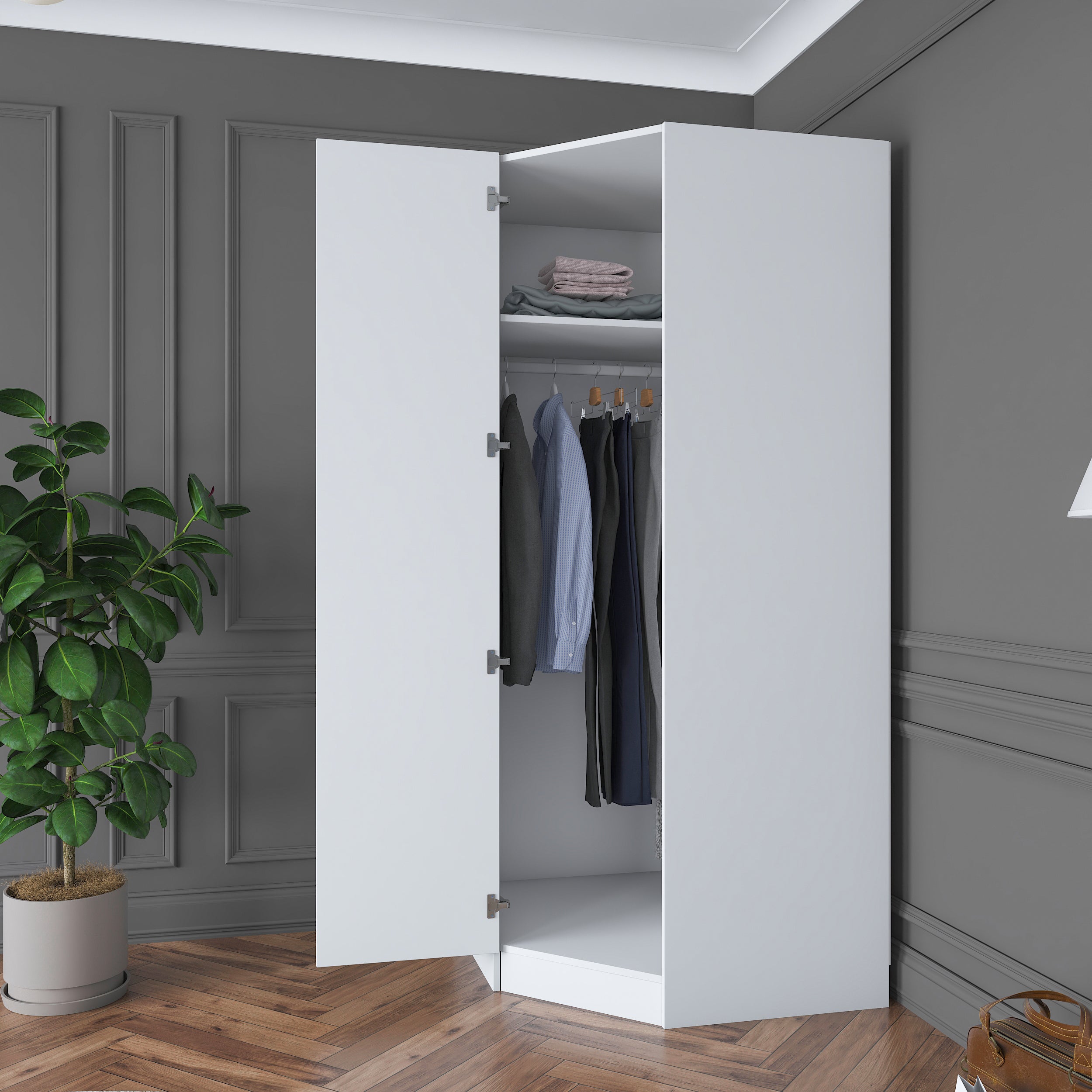 Rani BA183 beyaz köşe modül gardırop raflı askılı dolap