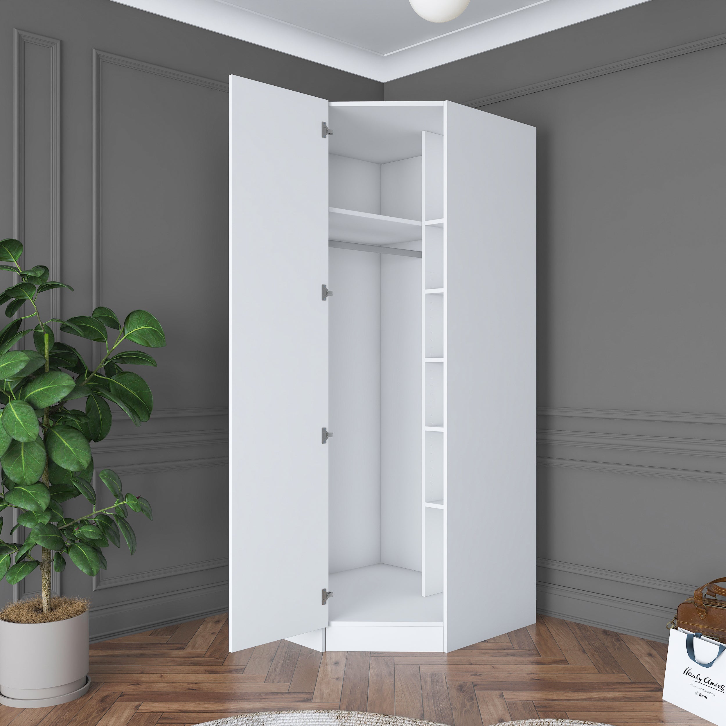 Rani BA183 beyaz köşe modül gardırop raflı askılı dolap