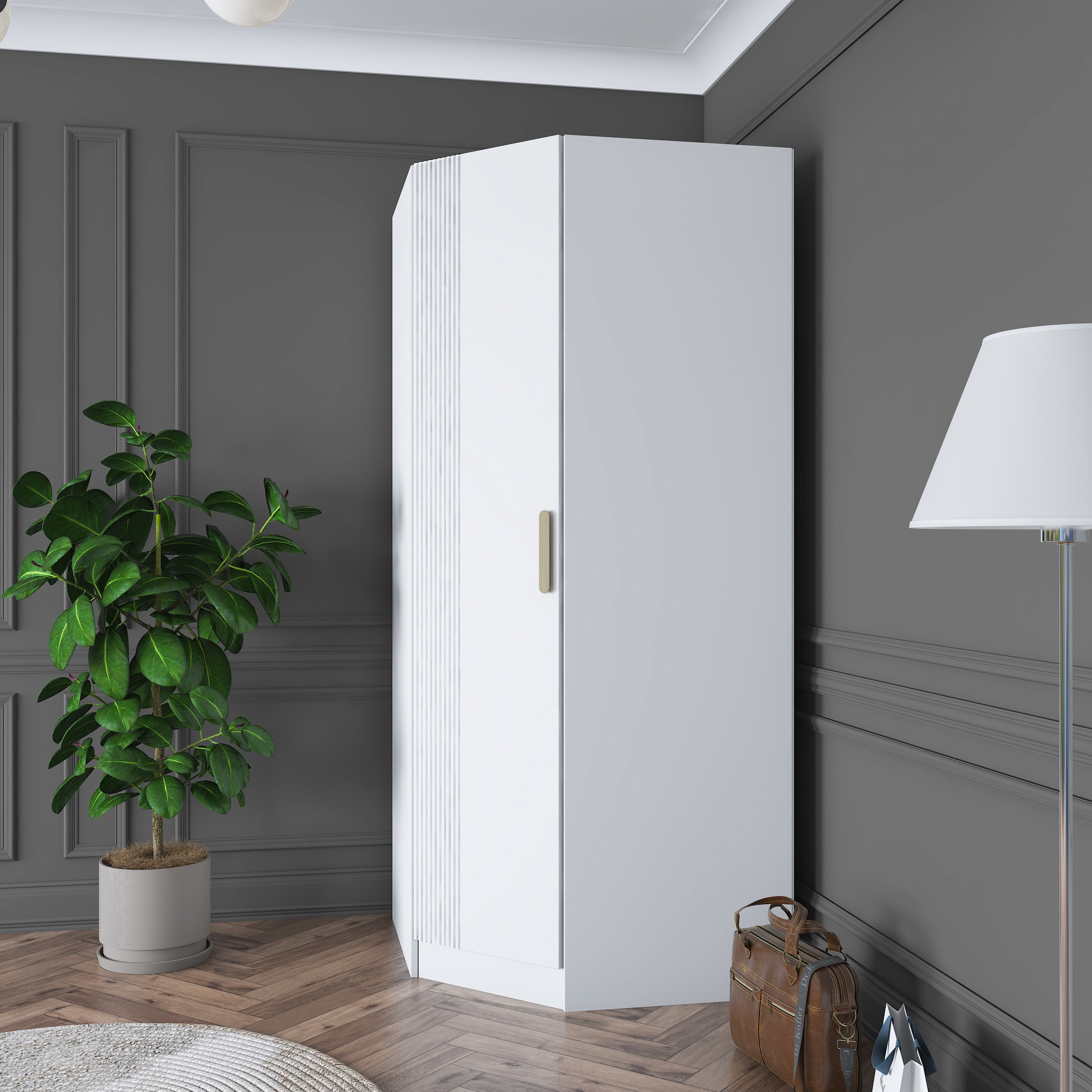 Rani BA183 beyaz köşe modül gardırop raflı askılı dolap