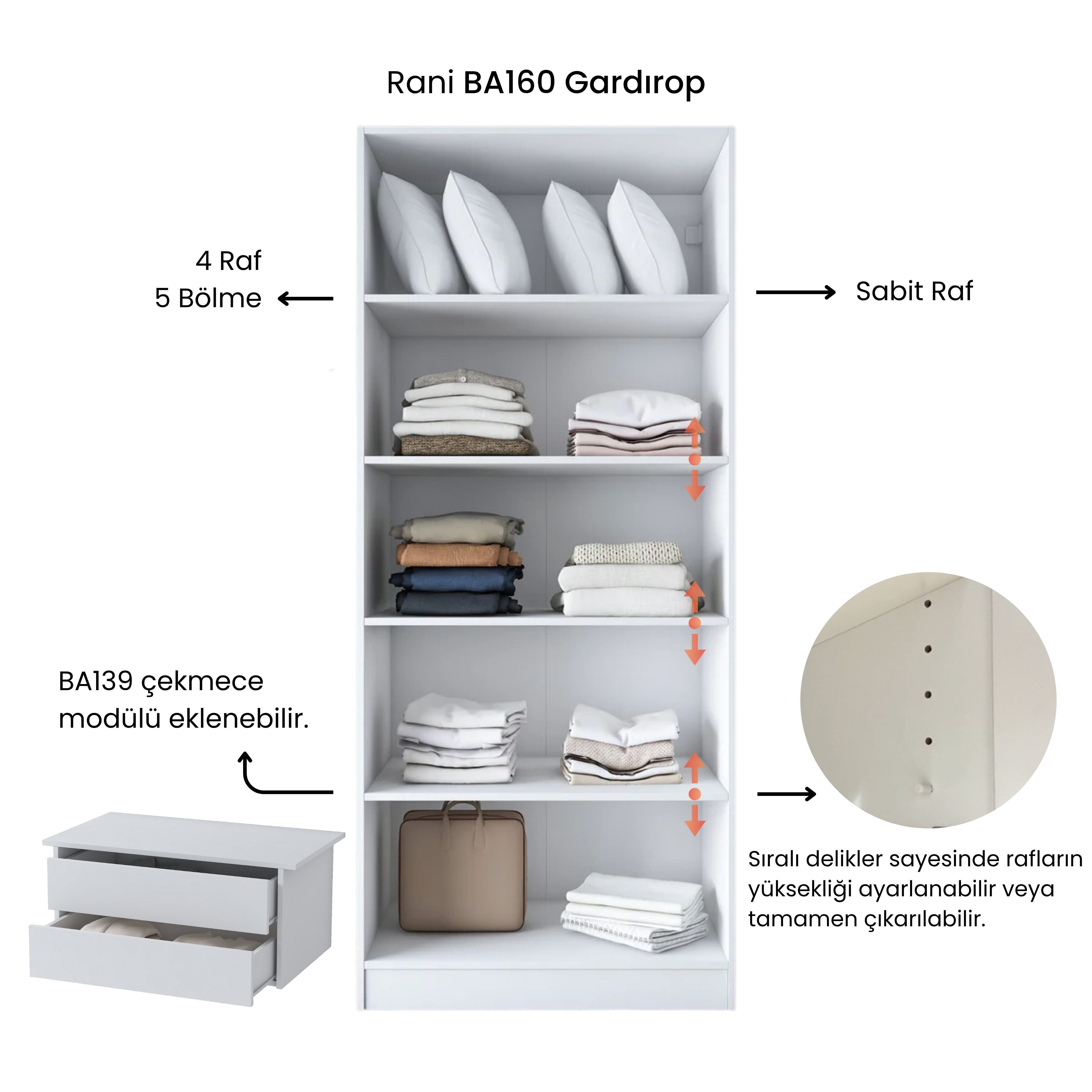 Rani BA160 Gardırop 2 Kapaklı 4 Raflı 5 Bölmeli Elbise Dolabı Beyaz